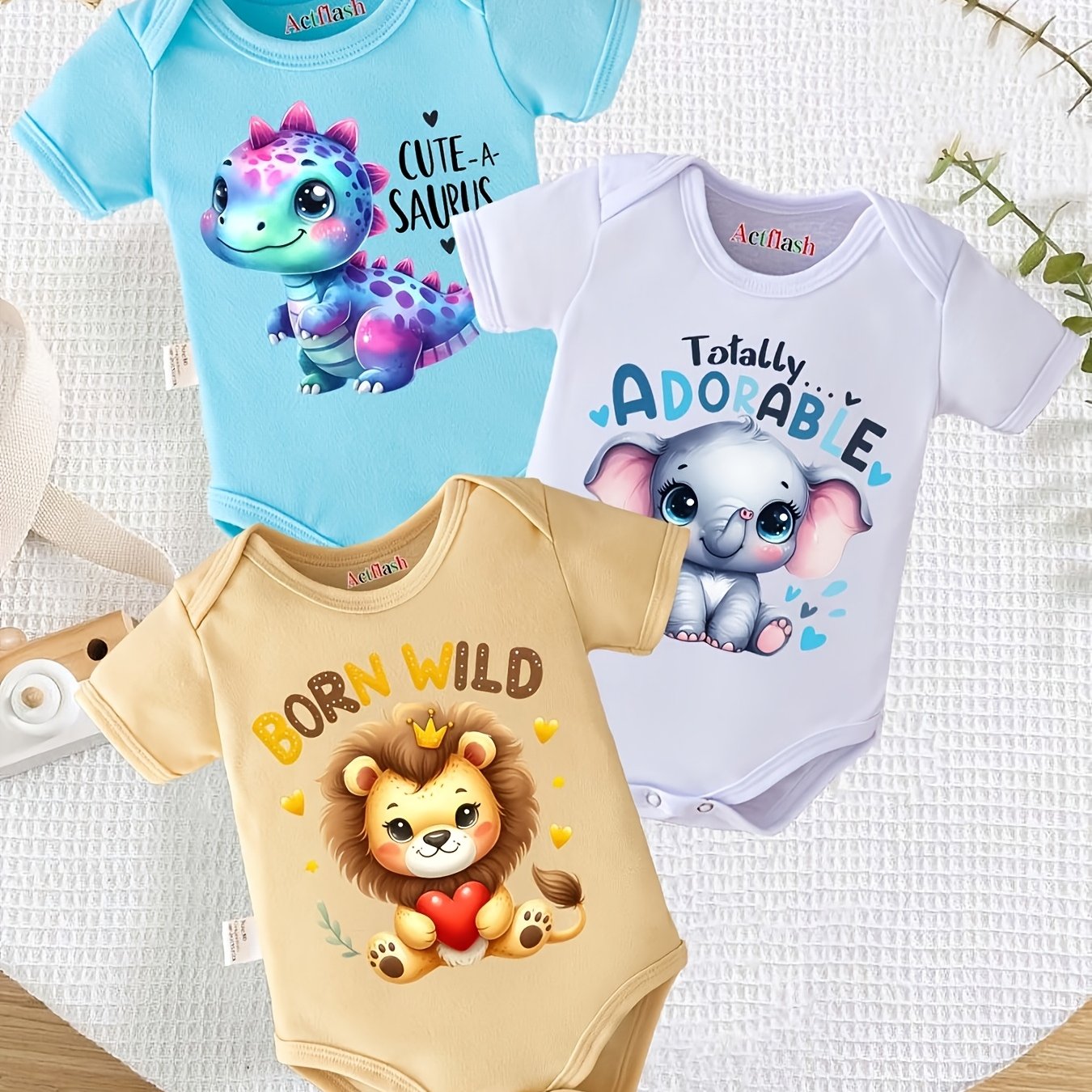 Image of 3pcs Cartoon Cute Animal Print Baby Bodysuit Newborn Romper Soft Comfortable Pregnancy Gift, For Outdoor