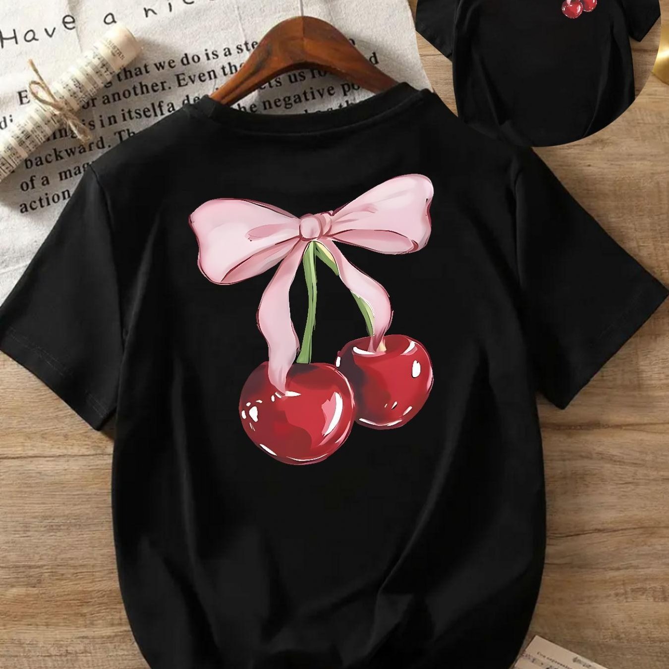TEMU Short-sleeved Top With Front And Back Prints, Featuring Cherries And A , Casual Wear - Women's Clothing, , .
