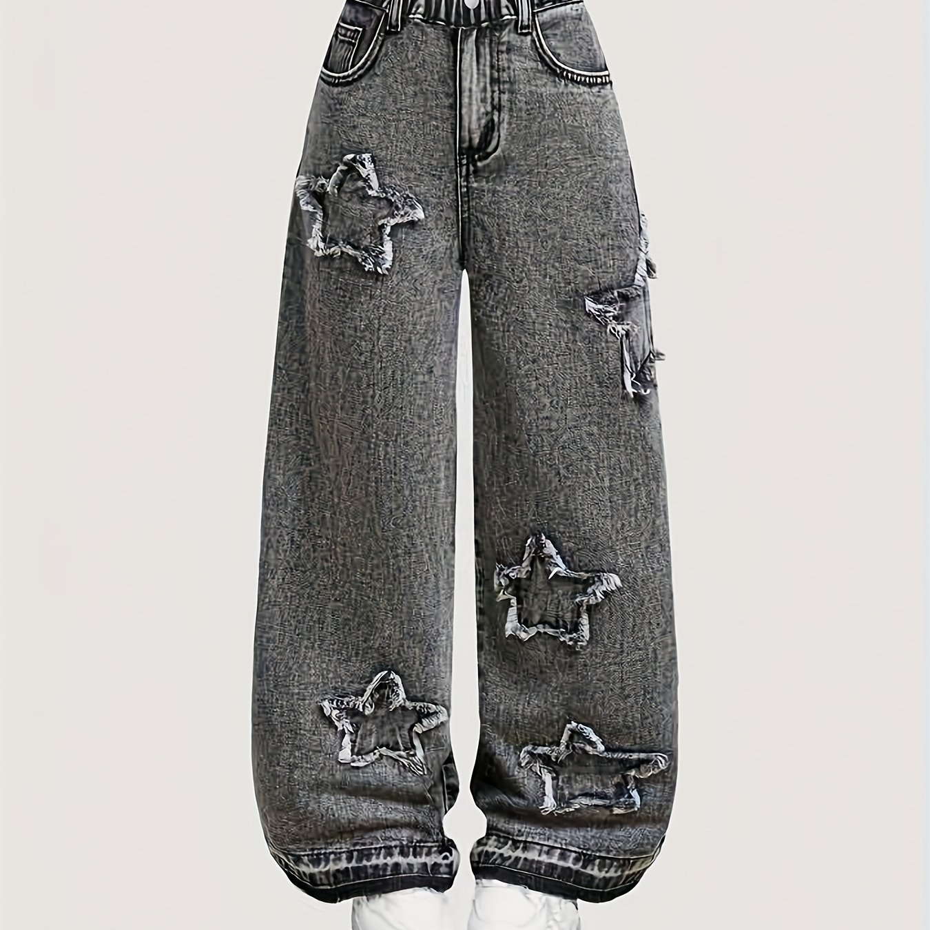 Image of Girls' Denim Jeans - Fashionable Washed Black Denim Pants For Girls, Featuring Patch Design, Stylish And Beautiful. With Convenient Side Pockets, Suitable For Children Aged 5 To 15