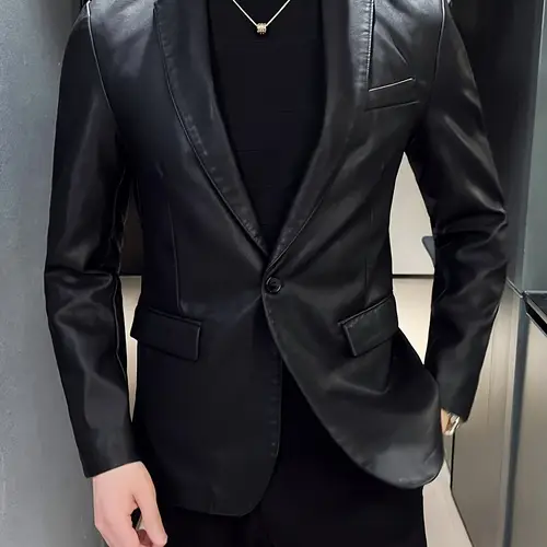 mens mature business casual pu material with polyester lining lapel non stretch solid color long sleeves regular version woven casual single breasted jacket