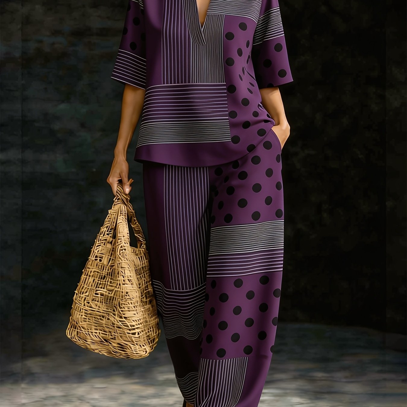 TEMU Women'-piece V-neck Short-sleeve Casual Suit, Featuring A V-neck Top With Polka Dot, Stripe, And Geometric Prints With Wide-leg Pants, Suitable