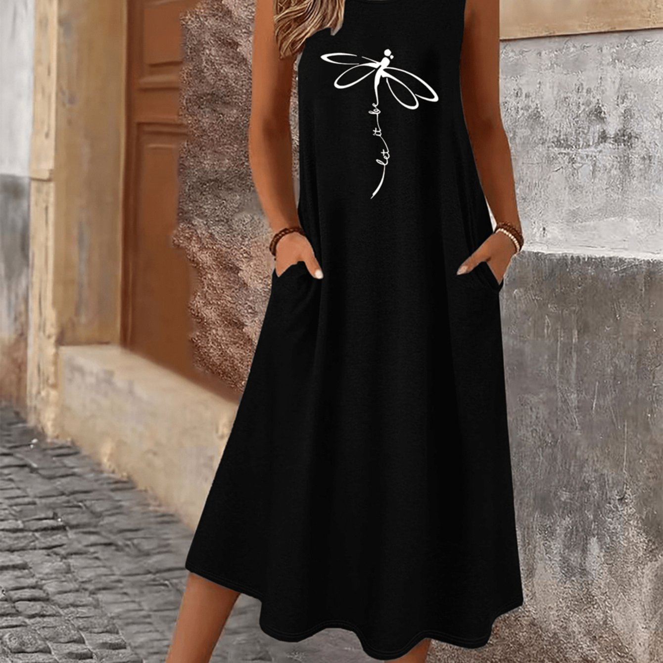 TEMU Women's Sleeveless Dragonfly Print Vest Dress With Pockets - Round Neck Midi/long Dress, Pocketed Hem & Blouse-compatible For , Machine Washable