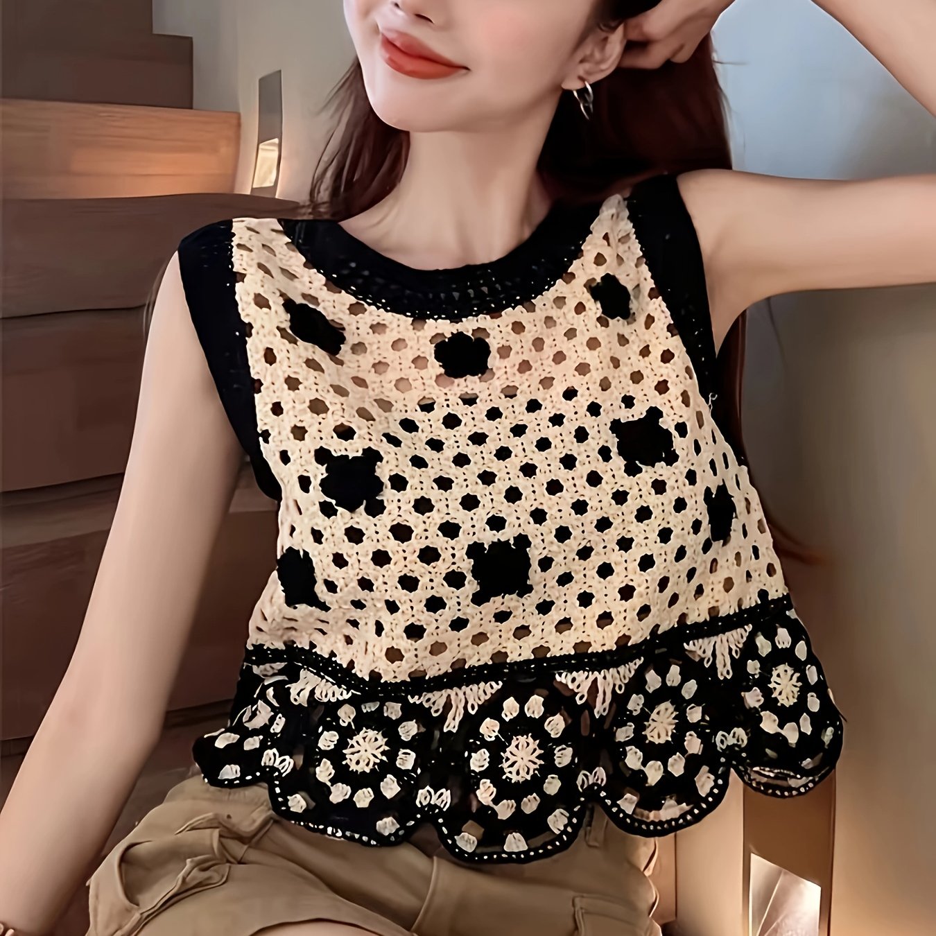 E-shop Jacquard Rosen Weste Damen Häkel Hollow Out Ärmelloses Top Weste