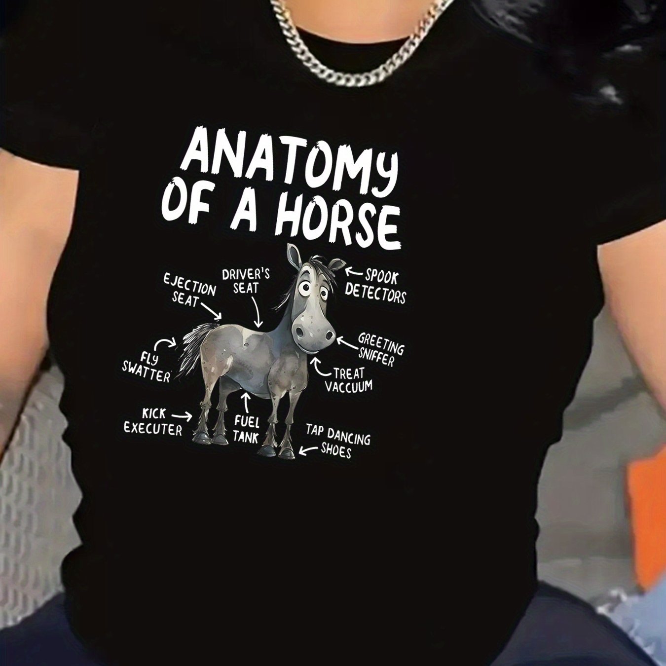 TEMU Women's Funny Anatomy Of A Horse T-shirt - Humorous Horse Lover Gift, Breathable Summer Casual Tee With Cartoon Graphic & Labels, Relaxed Fit
