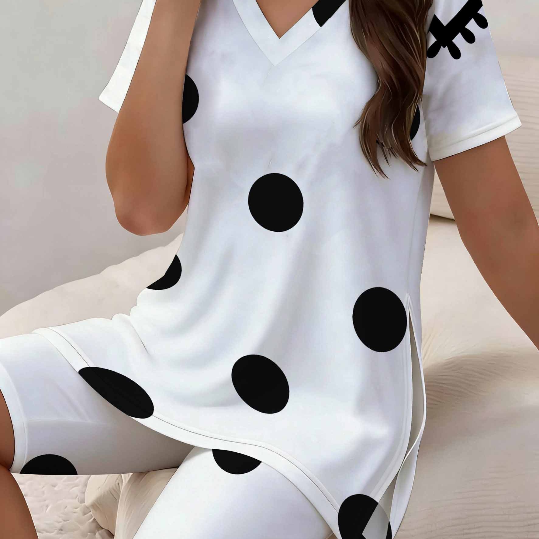 Women's 2pcs Casual Set Black Polka Dot Print Short Sleeve Tshirt And Shorts Matching Outfit For Chic Everyday Wear