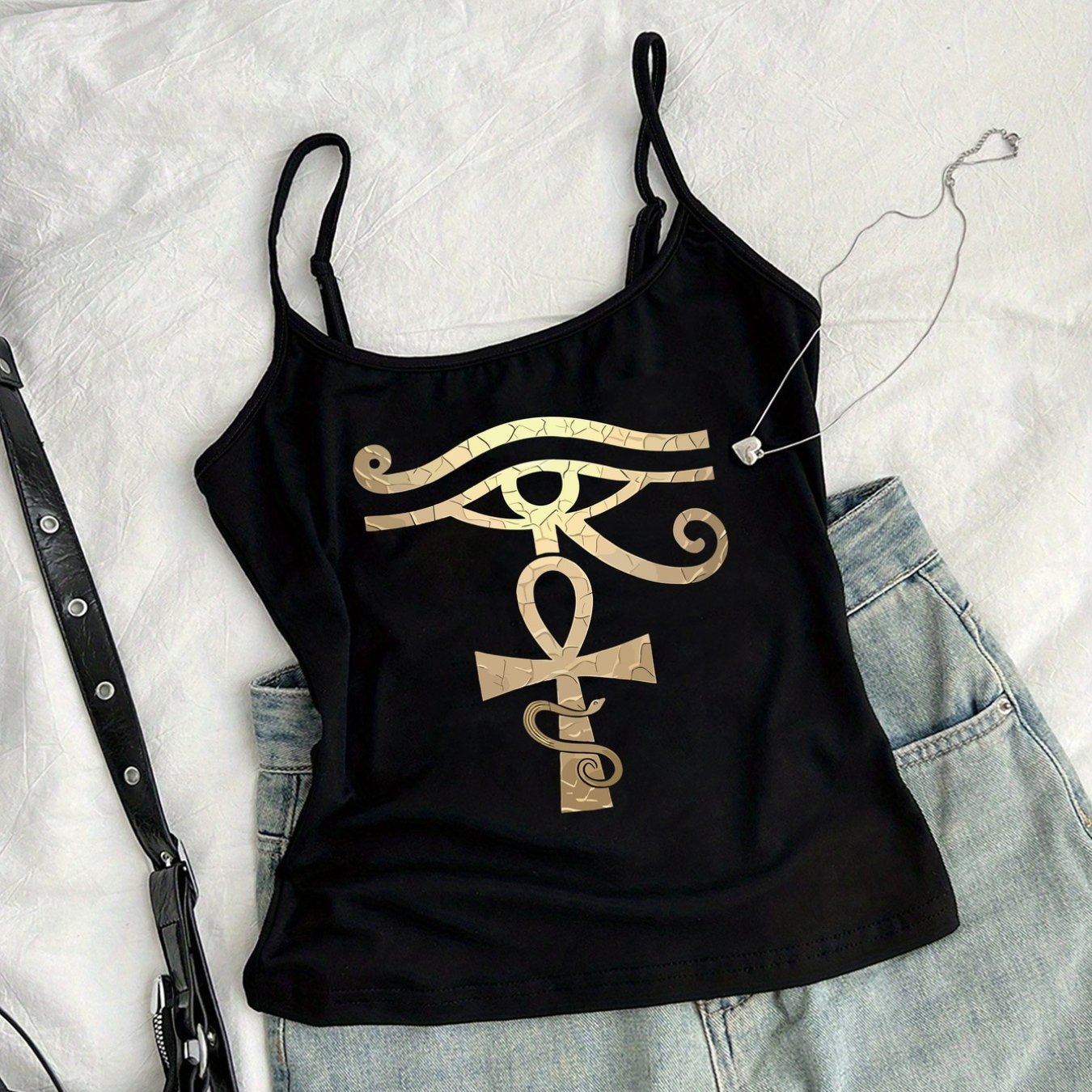 TEMU Round Neck Camisole With Eye Of Horus, Ankh Pattern, Y2k Retro Hot Outfit, Adjustable Straps, Women's Summer New Style Short Camisole, Casual,