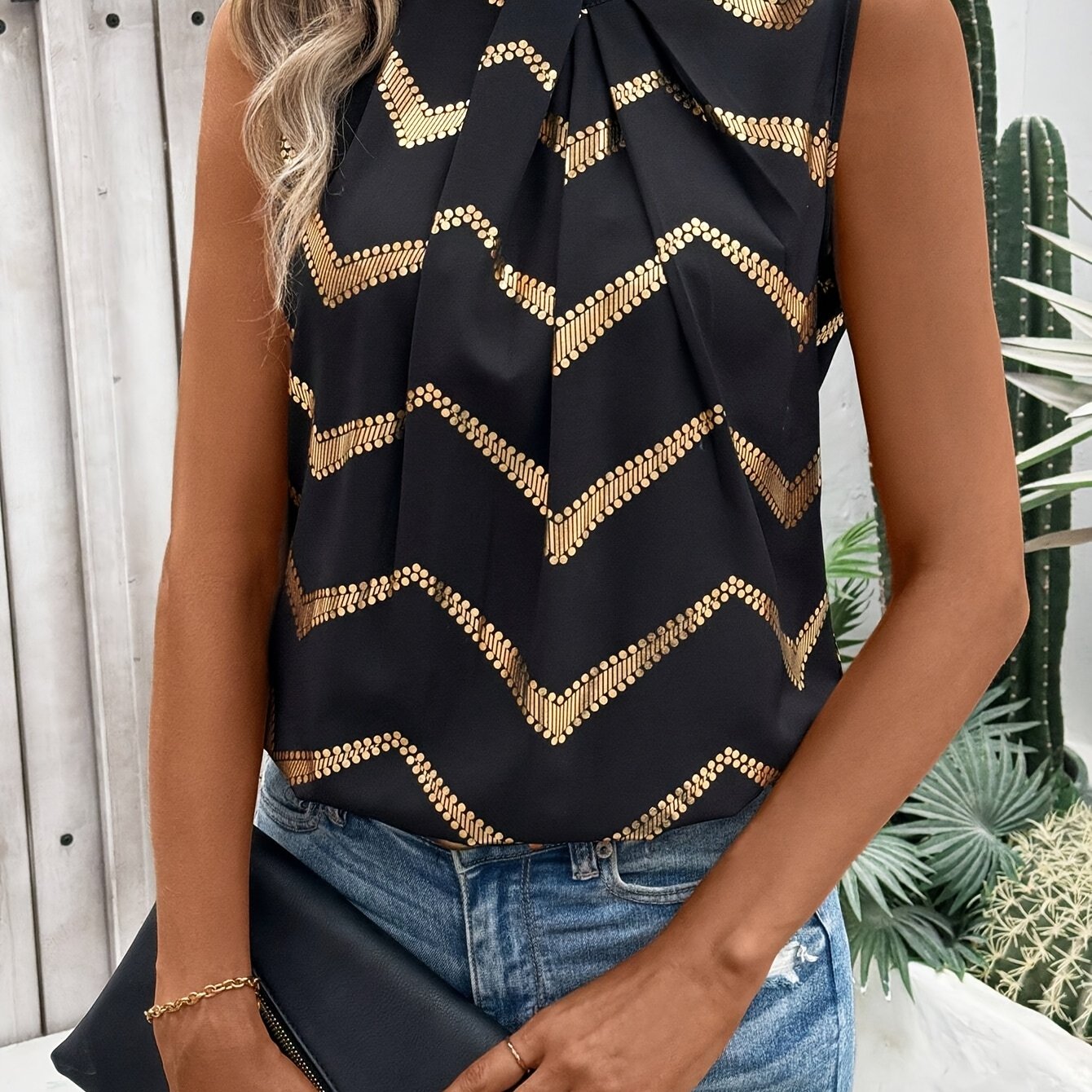 Image of Women's Elegant High-neck Sleeveless Blouse With Pleated Detail & Chevron Print - Stylish Summer Top For Casual Or Dressy Outfits, Black And Golden, Shirt For Adul