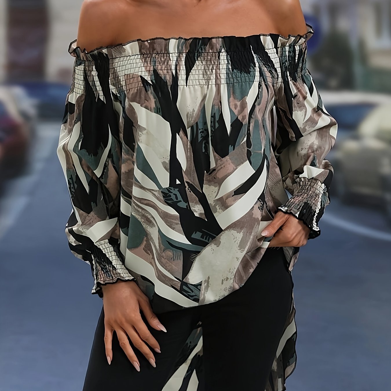 E-shop 111111111 Off-Shoulder Rüschen Shirtdress mit vollem Druck und hohem Bund