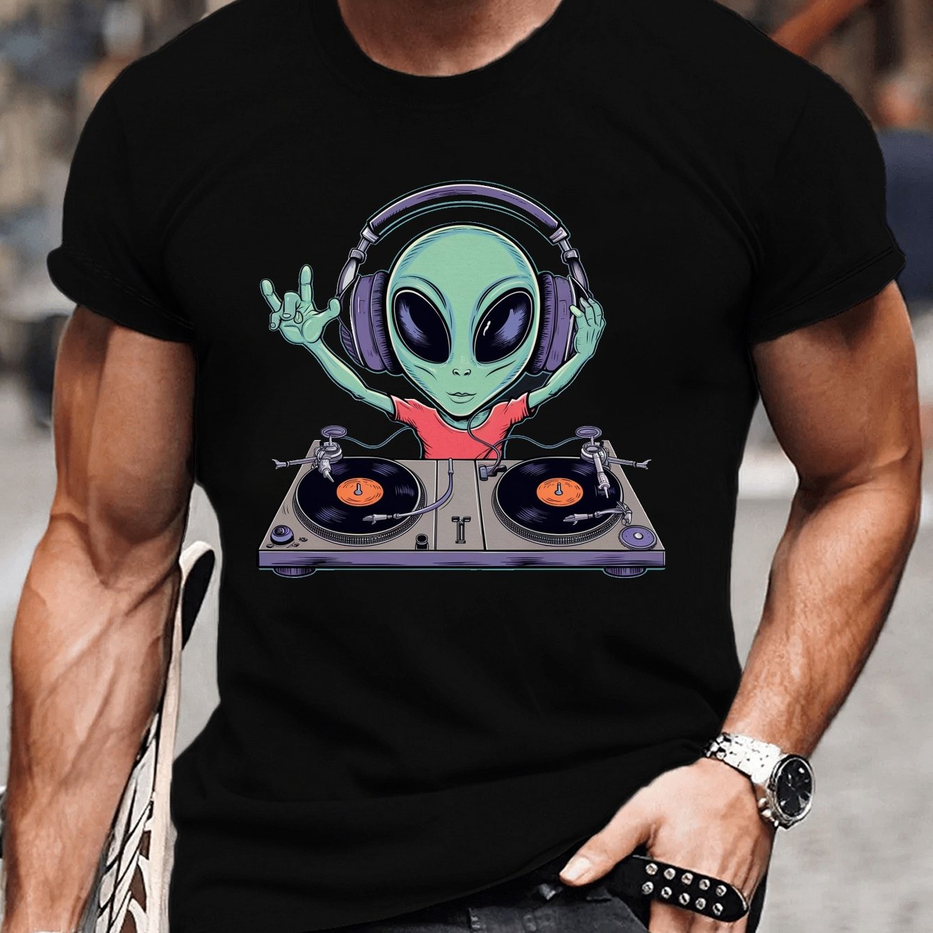 TEMU Men's Dj Graphic Tee - Casual Short Sleeve T-shirt, Breathable Polyester, Machine Washable - Perfect For Summer