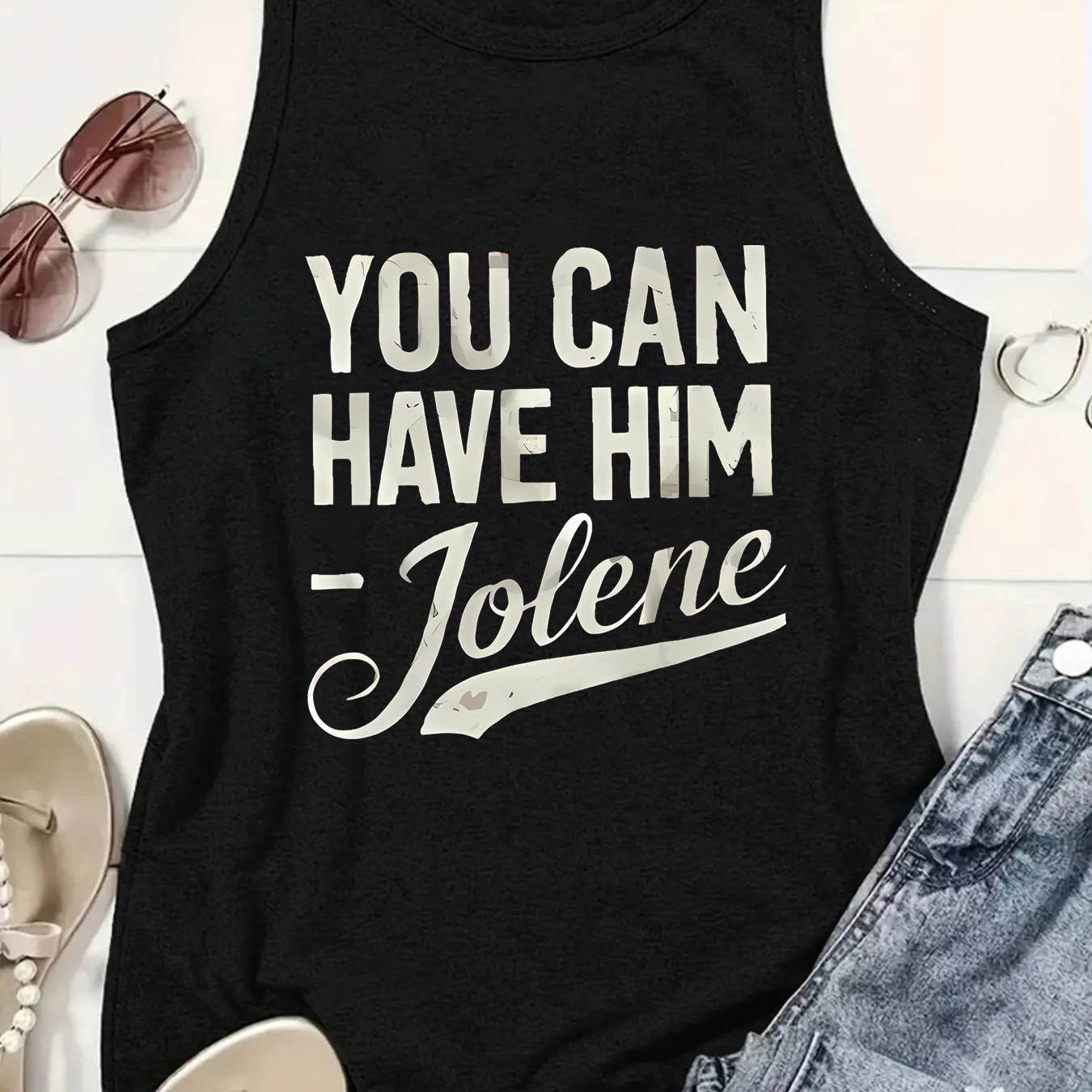 TEMU Women's Song Quote Sleeveless Tank Top - "you Can Have Him " Funny Country , Soft Breathable Summer Blouse, Loose Neck Vest Suitable For Country