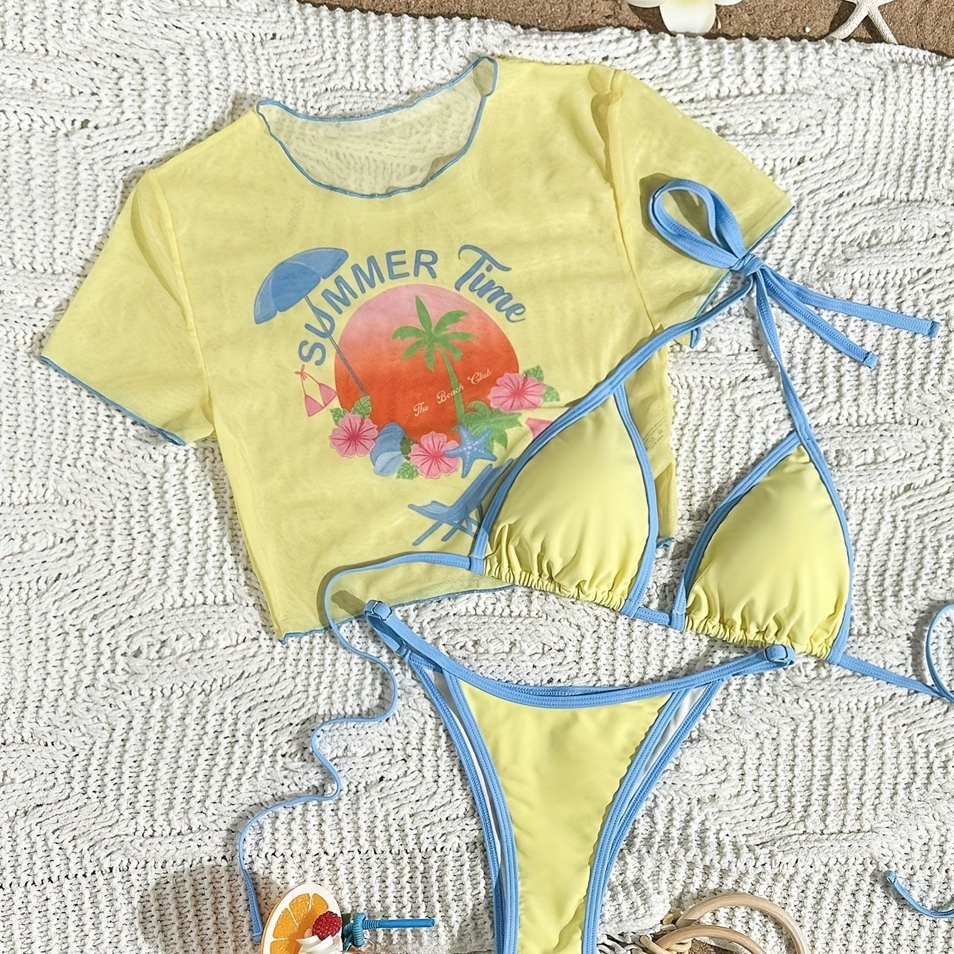 TEMU 26ss New Women's Printed Triangle Bikini Top With Mesh Overlays, A Part Of The Bikini Set, Perfect For Casual, Vacations During The Summer