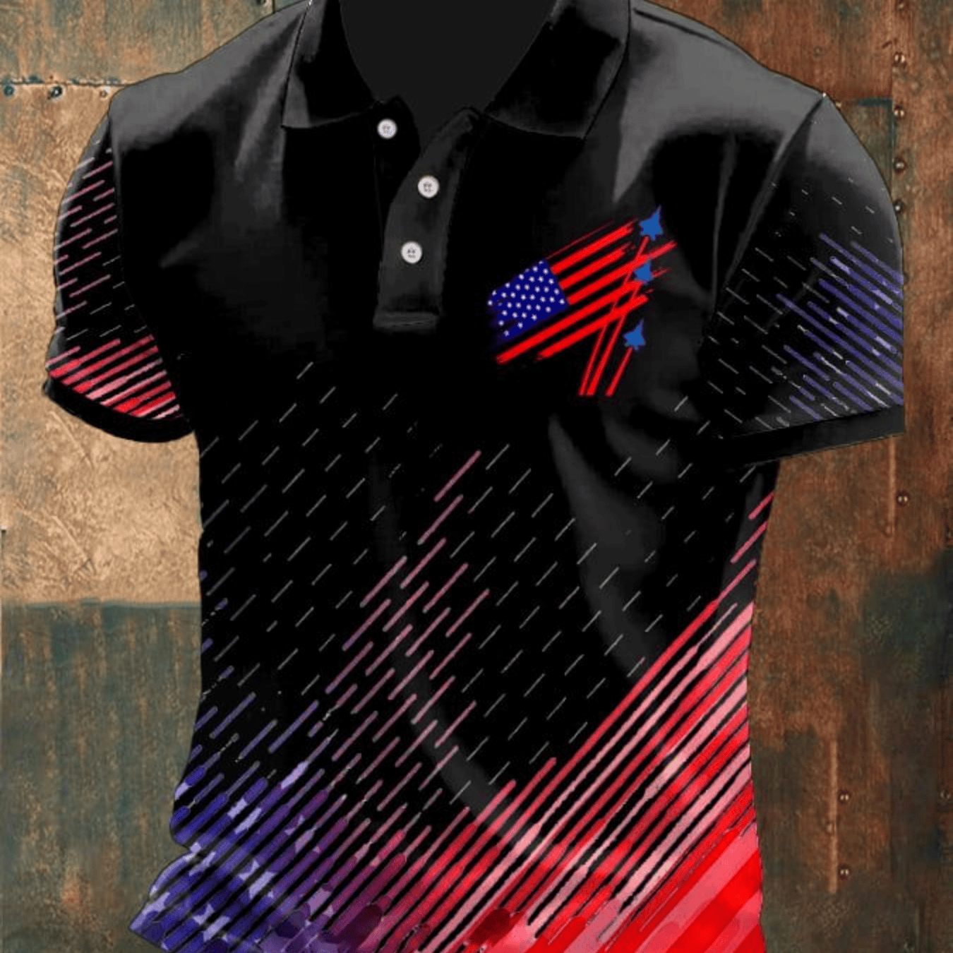 American Flag Gradient Diagonal Print Short Sleeved Shirt, Men's Day Patriotic Movement Lapel T-shirt
