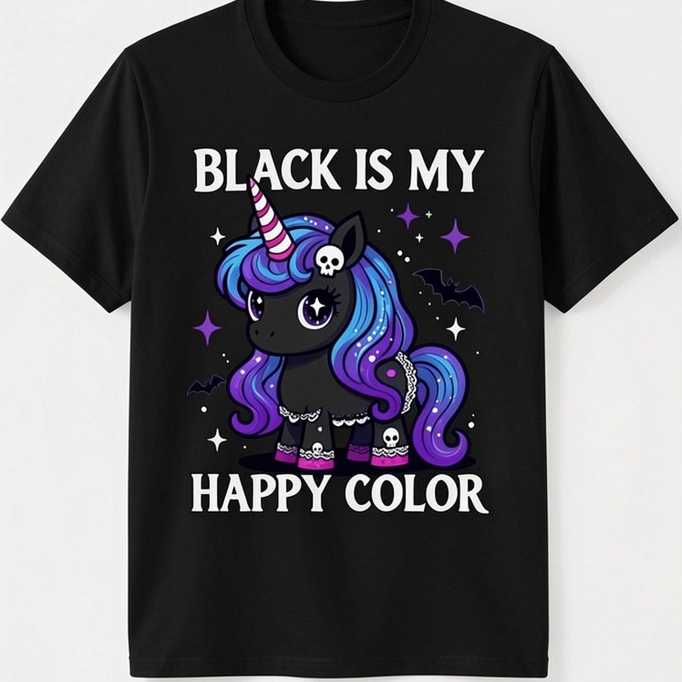 Image of Gothic Unicorn 'black Is Color' T-shirt - Soft And Comfortable Retro Graphic Tee With Purple Unicorn And Rainbow Horn Design, Casual Round Neck Short Sleeve Shirt For Men And Women, Casual Attire