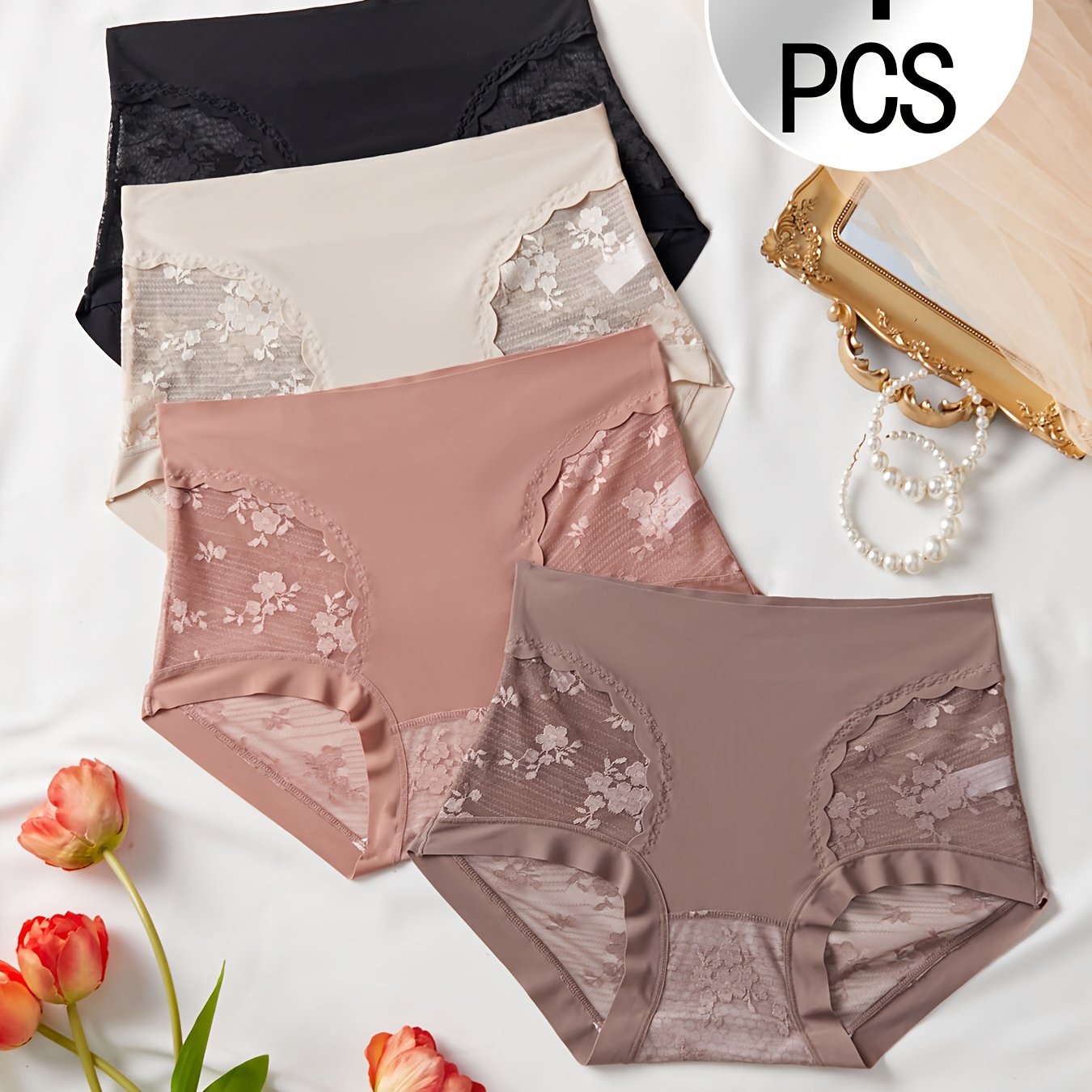 TEMU 4pcs Sexy High-waist Lace Panties For Women, Stretchy Tummy Control, -lifting, Breathable And Comfortable, New Gorgeous Women's Underwear
