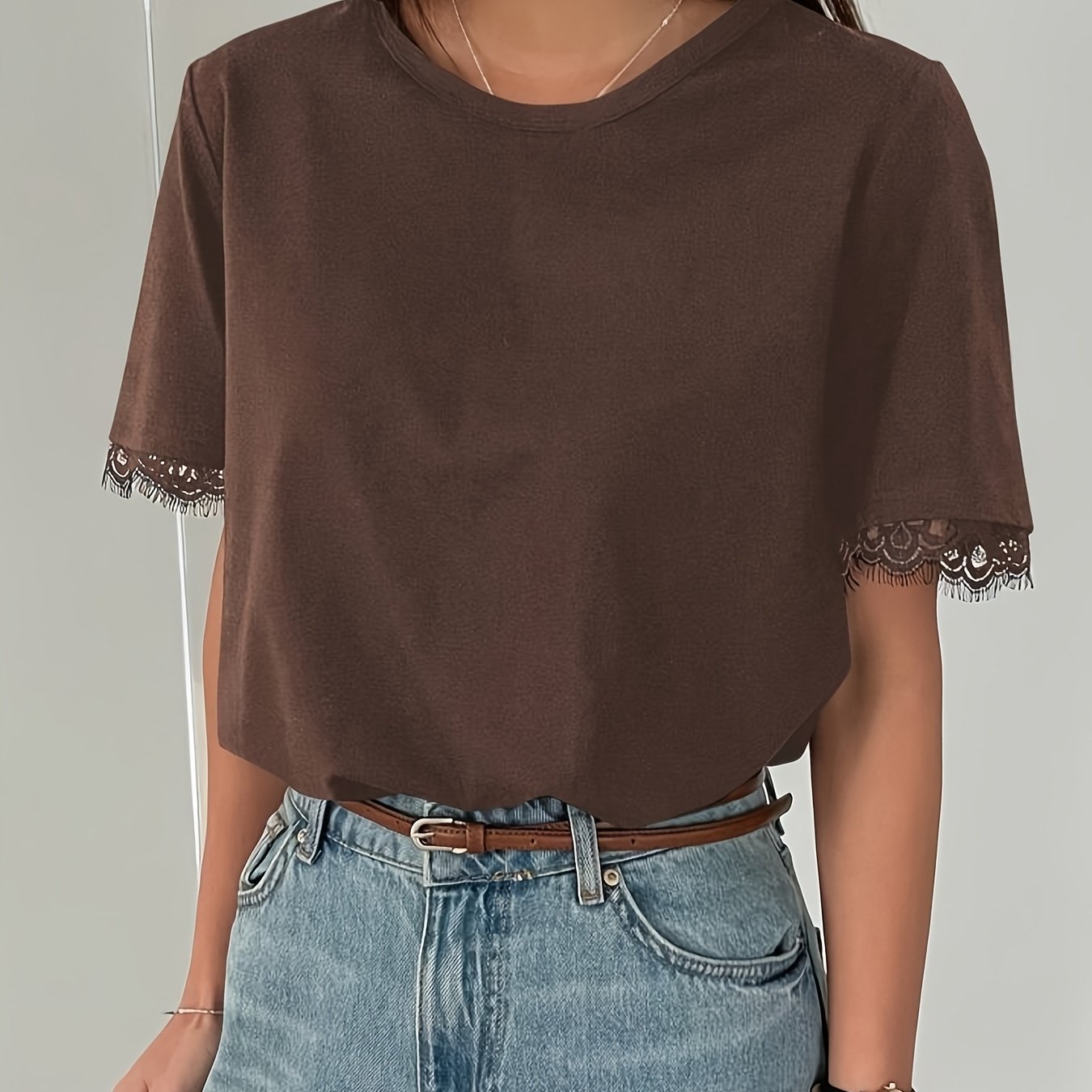 TEMU T-shirt décontracté à manches courtes et pour femmes, tendance, à , col rond avec bordure en dentelle, fibre élastique et mélange, lavable en