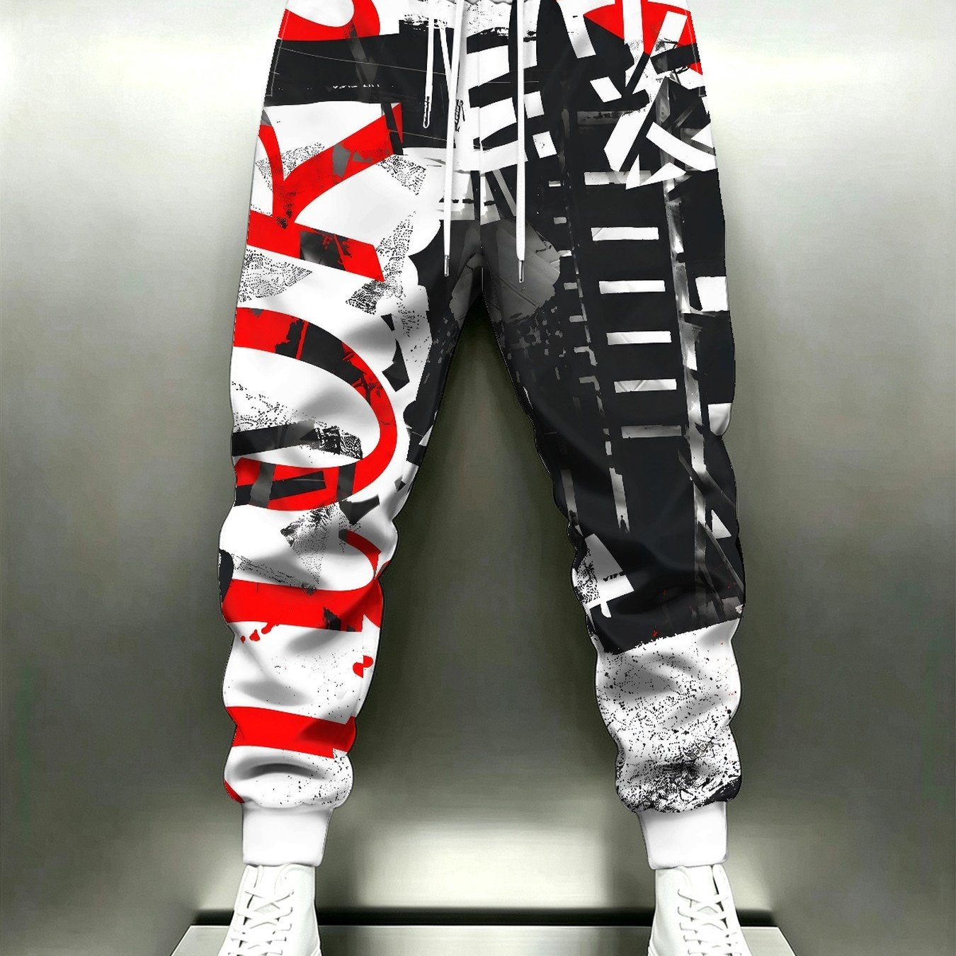 TEMU Men's Red Black White Abstract Splatter Print Jogger Pants, , Elastic Waist With Drawstring, Elasticized Ankle, Side Pockets, Urban Streetwear