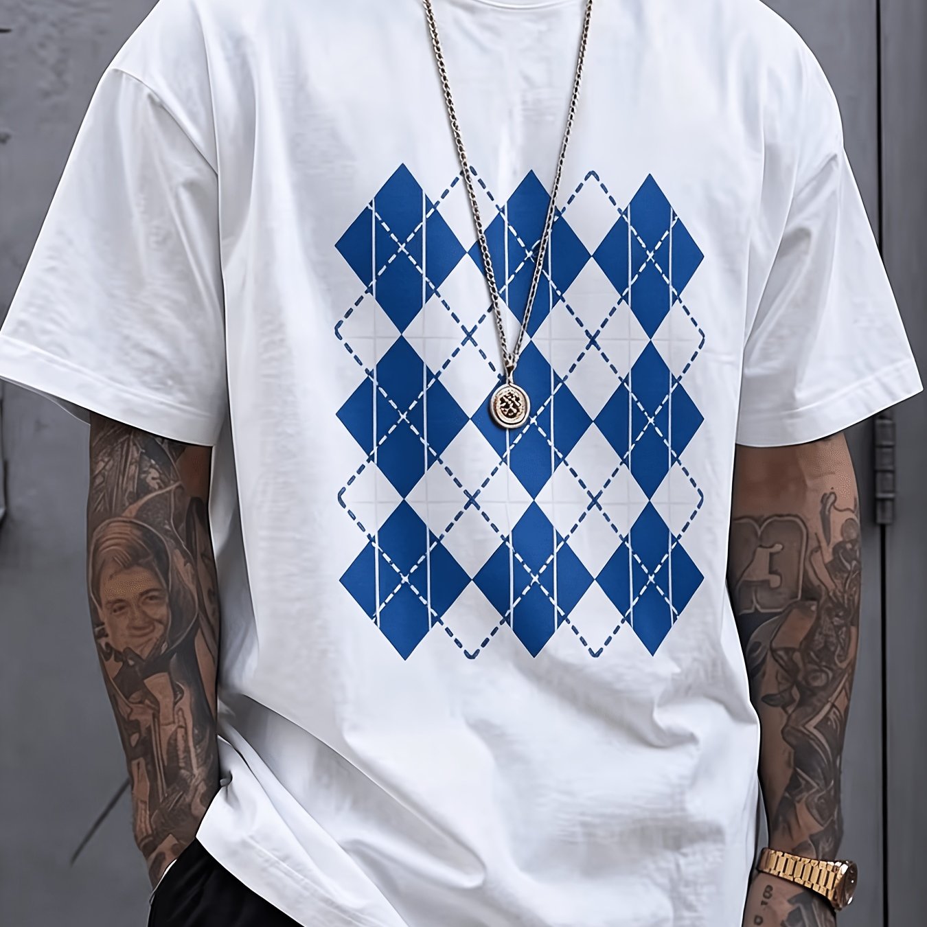 Men's Argyle Print Short Sleeve T-shirt, Casual Fashion Top