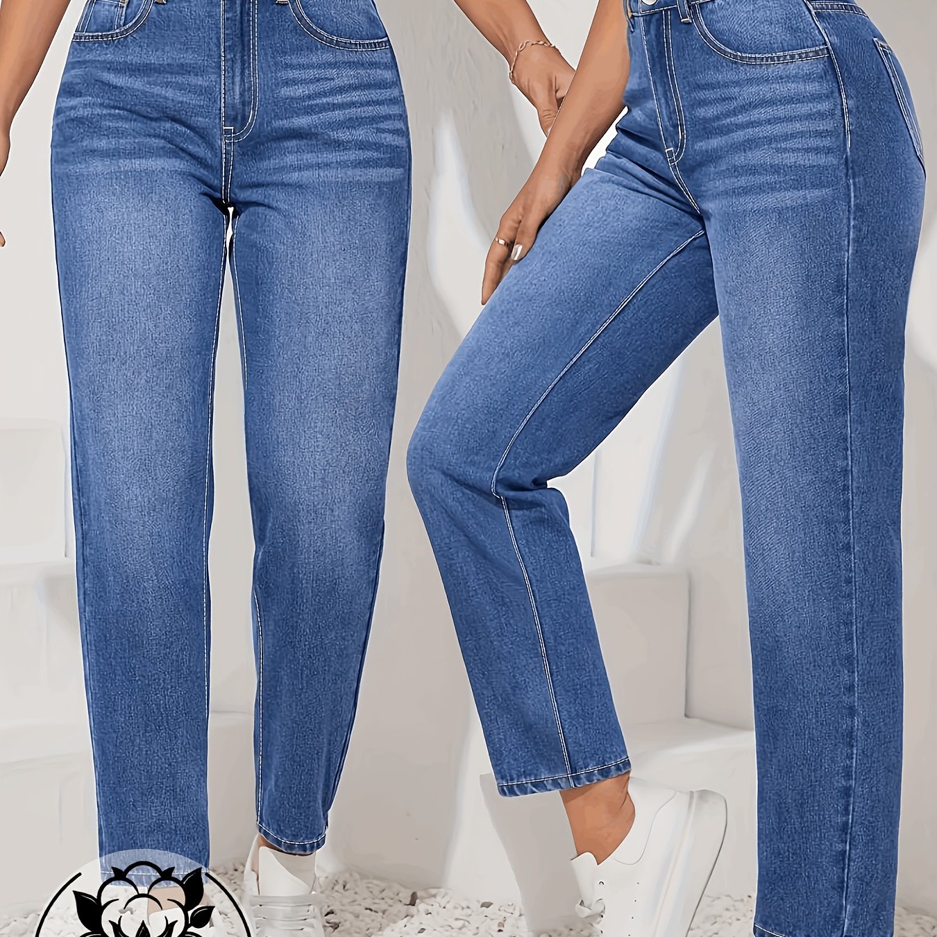 Image of Women's High-waist Straight-leg Blue Jeans