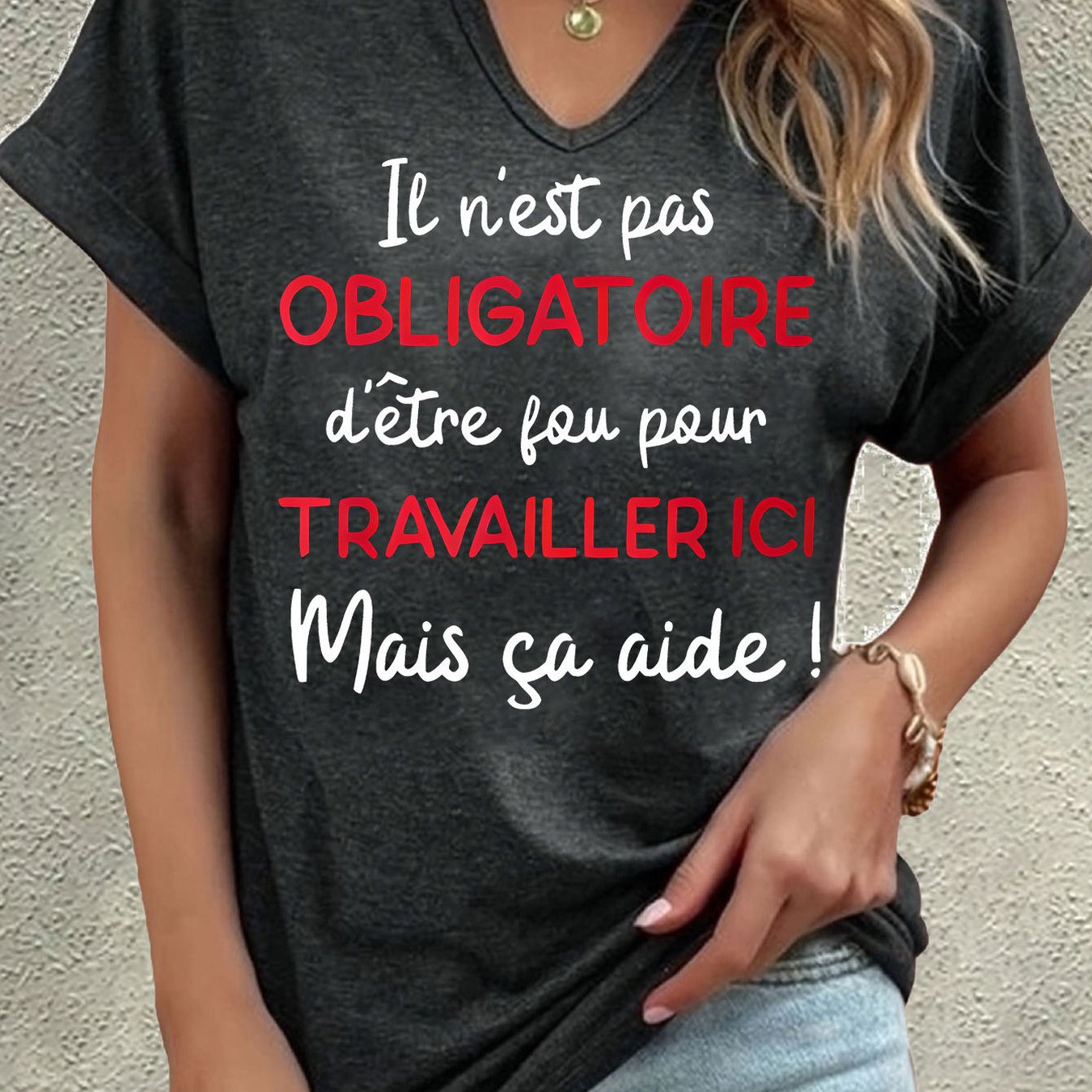 TEMU n'est pas obligatoire d’ fou pour , mais aide – T-shirt à manches courtes col V imprimé lettre décontractée été vêtement mode femme