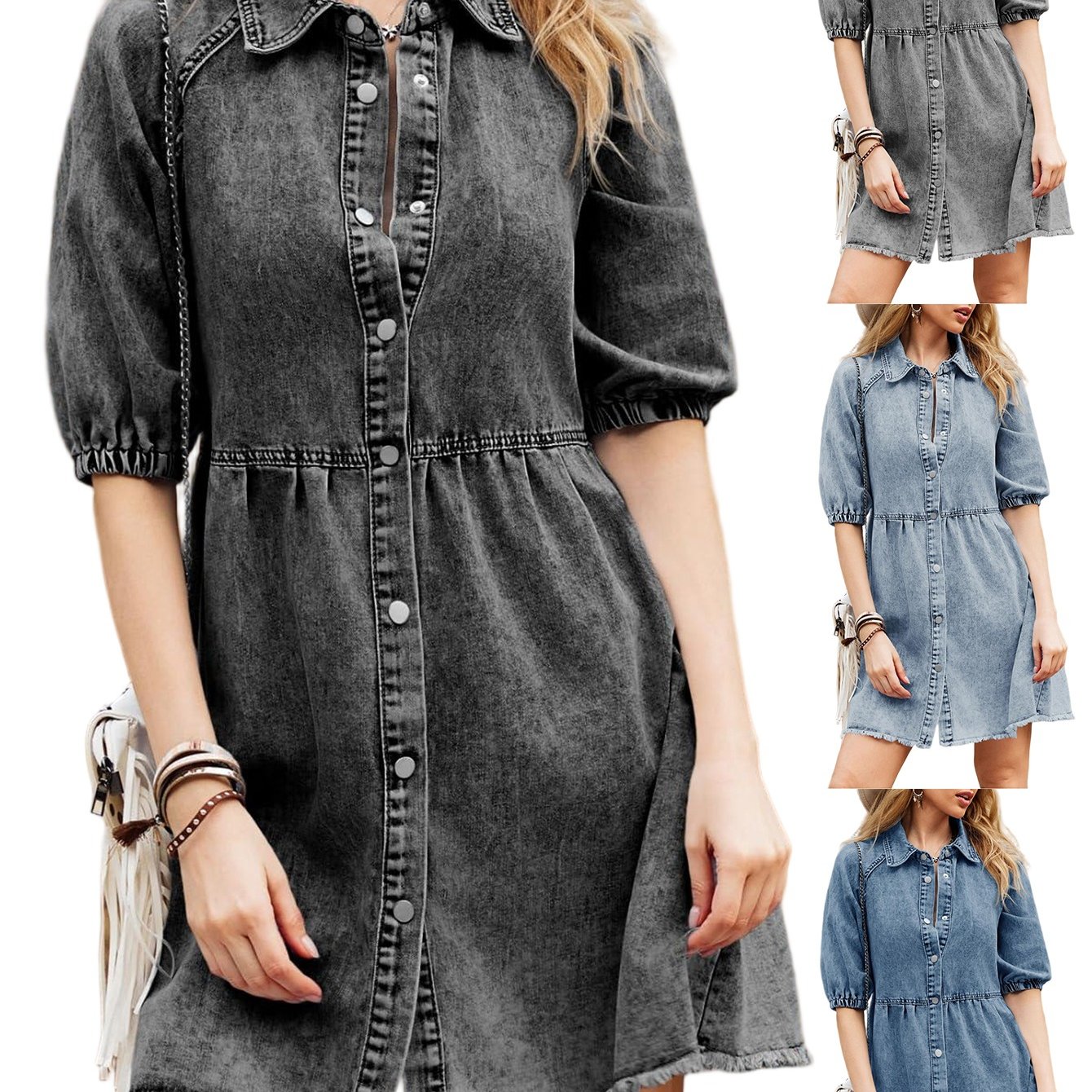 Image of Womens Summer Denim Dress Button Short Sleeve Babydoll Dress Puff Sleeve Flowy Jean Dress