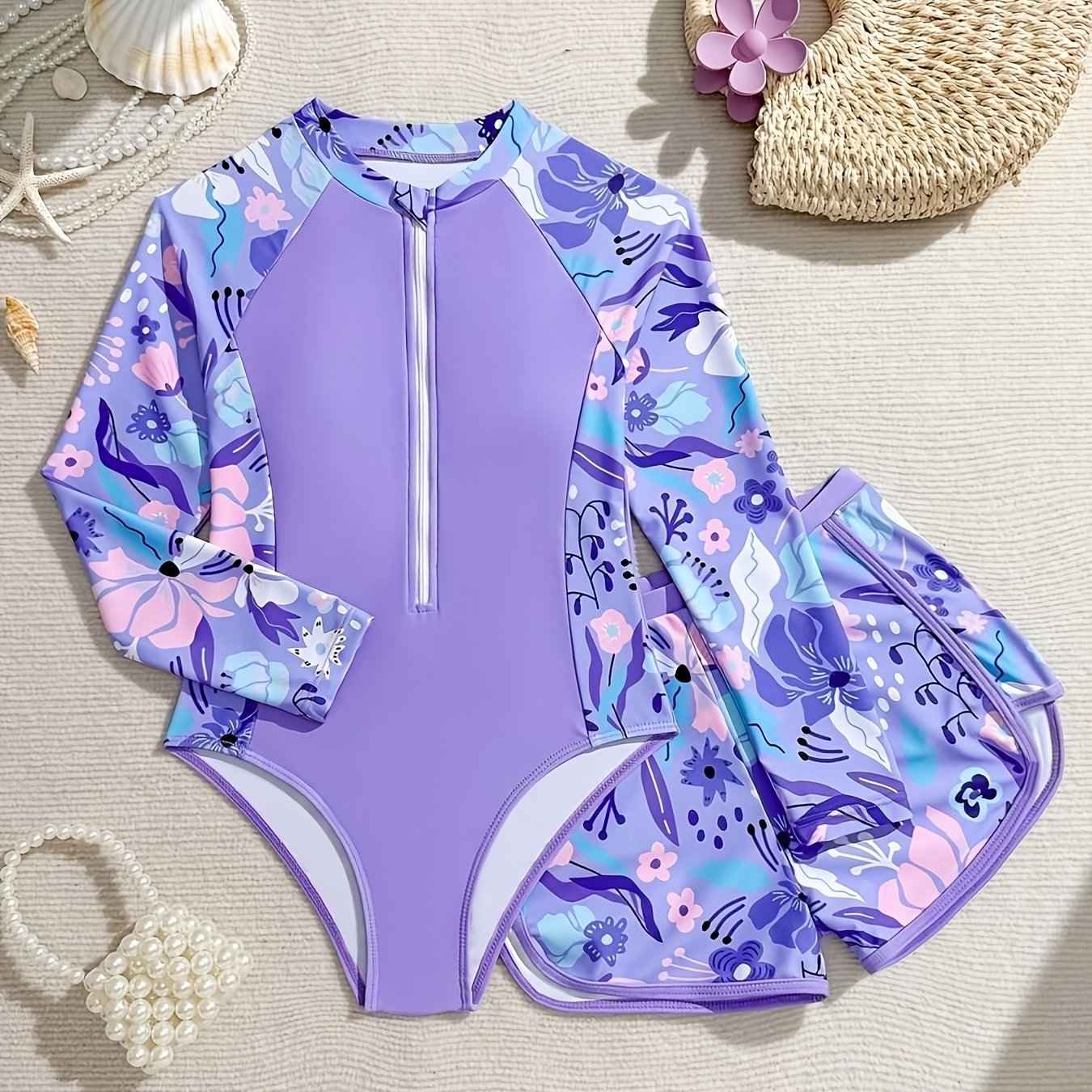 TEMU ' Swimsuit, Trendy Student Style, Vacation Casual Beachwear, One-piece Tankini, Zipper Long-sleeved Swimsuit, 2pcs Set