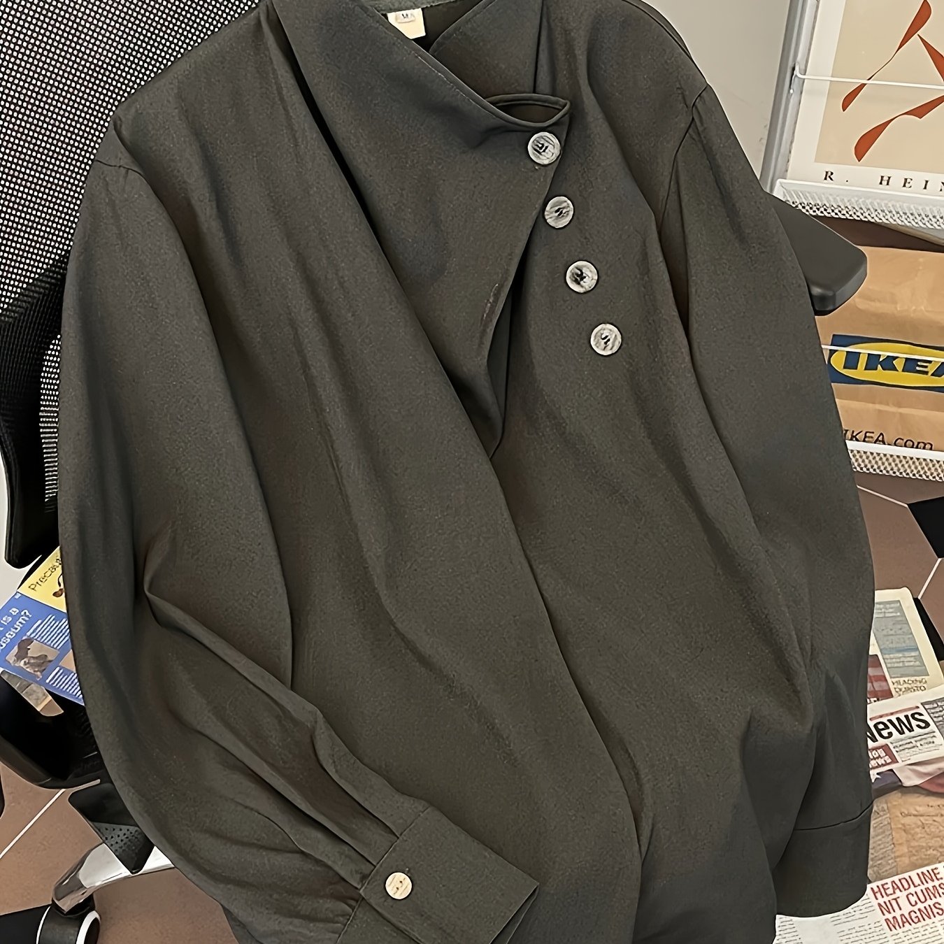 TEMU レディース ヴィンテージ カラー/スタンドカラー シャツ - 長袖 ボタンフロント プラーククロージャー ブラウス、無地 カジュアル ト トップス 春秋用、手洗い可 アウター