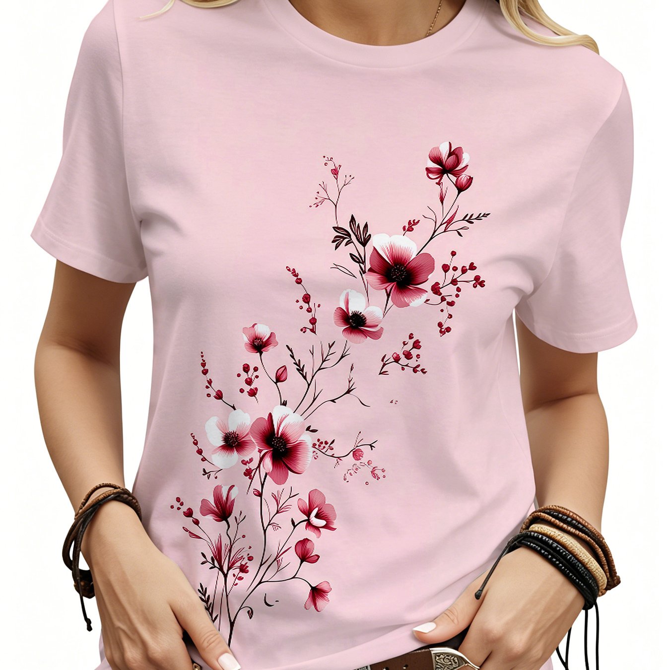 TEMU Light Pink Floral Pattern T-shirt, Women's Casual Short Sleeve Top, Suitable For Summer Wear, Outdoor Street, Casual Outing, Garden Party