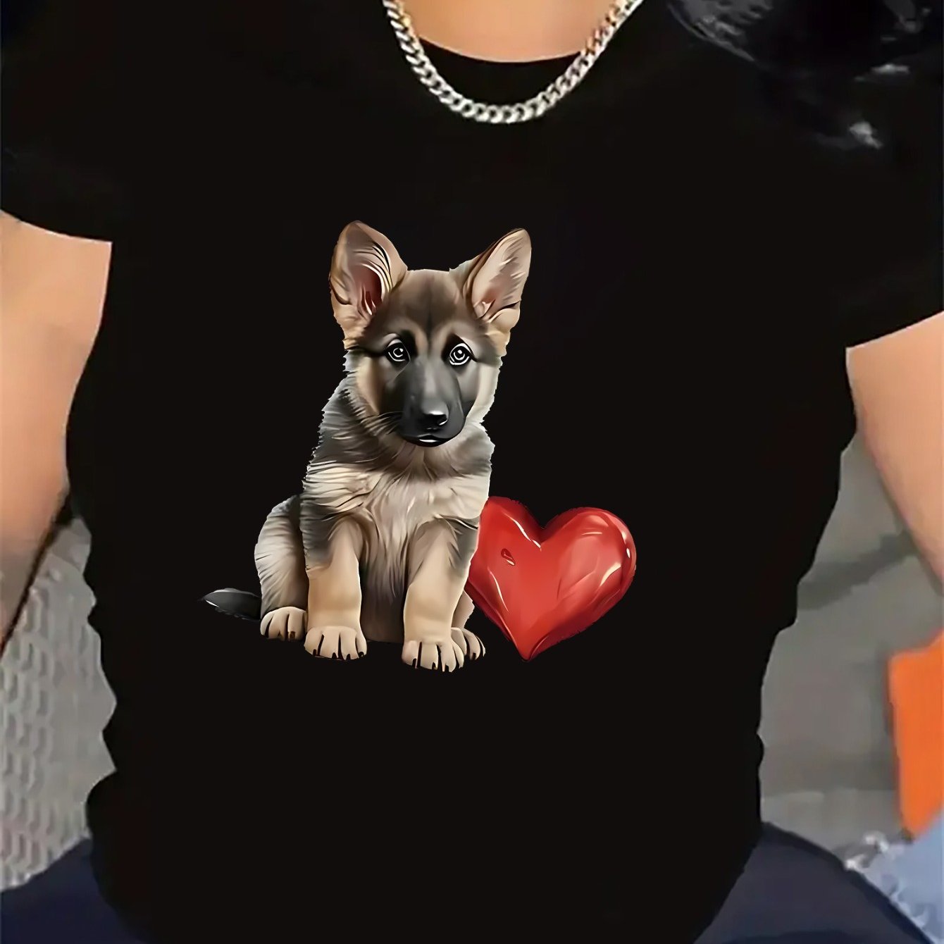 TEMU Polyester Short Sleeve T-shirt With German Shepherd Puppy And Red , Lightweight And Durable For Casual Wear At Home Or Outdoor Activities