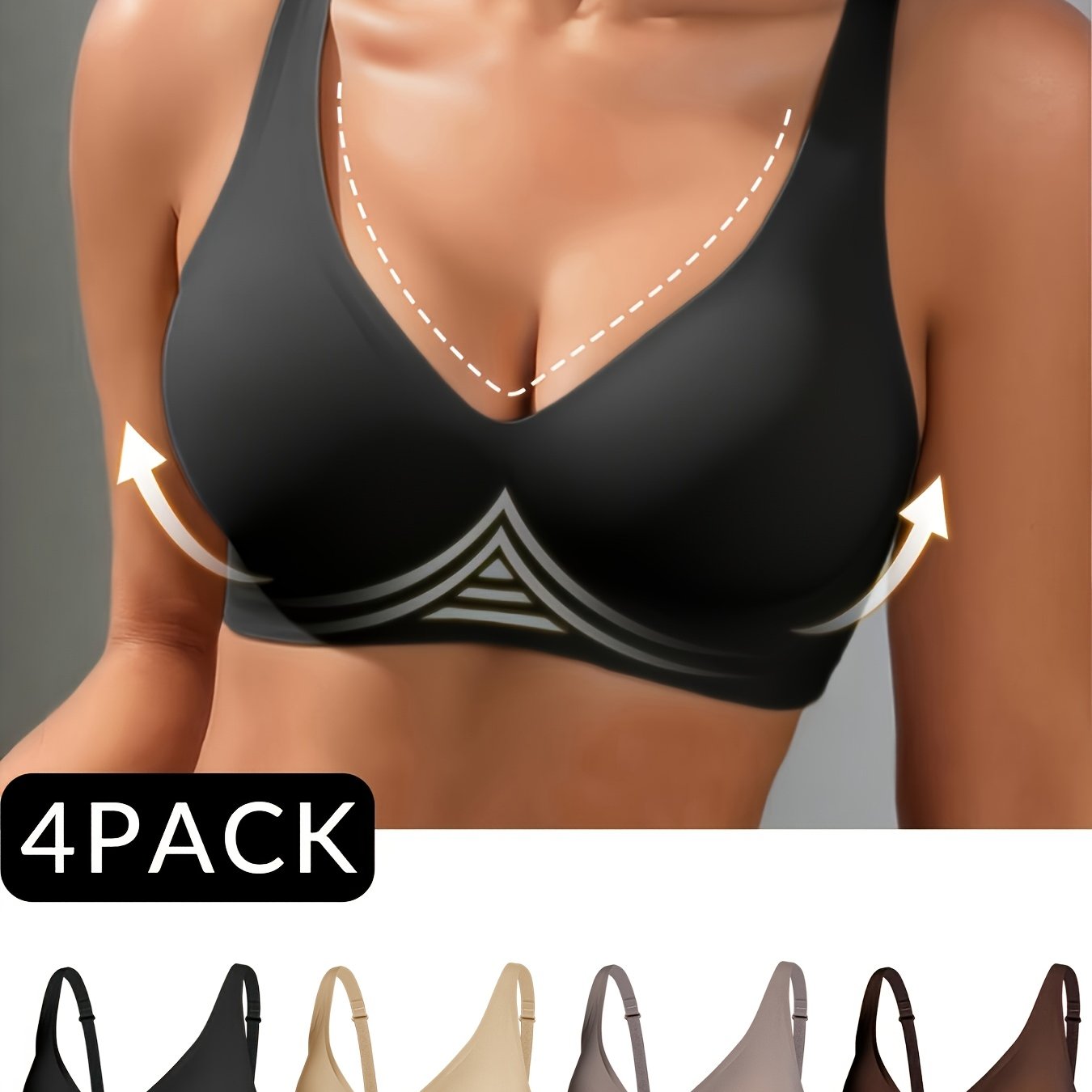 4pcs (4pcs) 4pcs Wire-free Push-up Bra Gel-filled Cups & Removable Padding - Wide Strap Suitable For Running, Yoga, Gym, Cycling, Solid Bras With Lift, Hand Washable Wide Strap For Daily Casual Wear