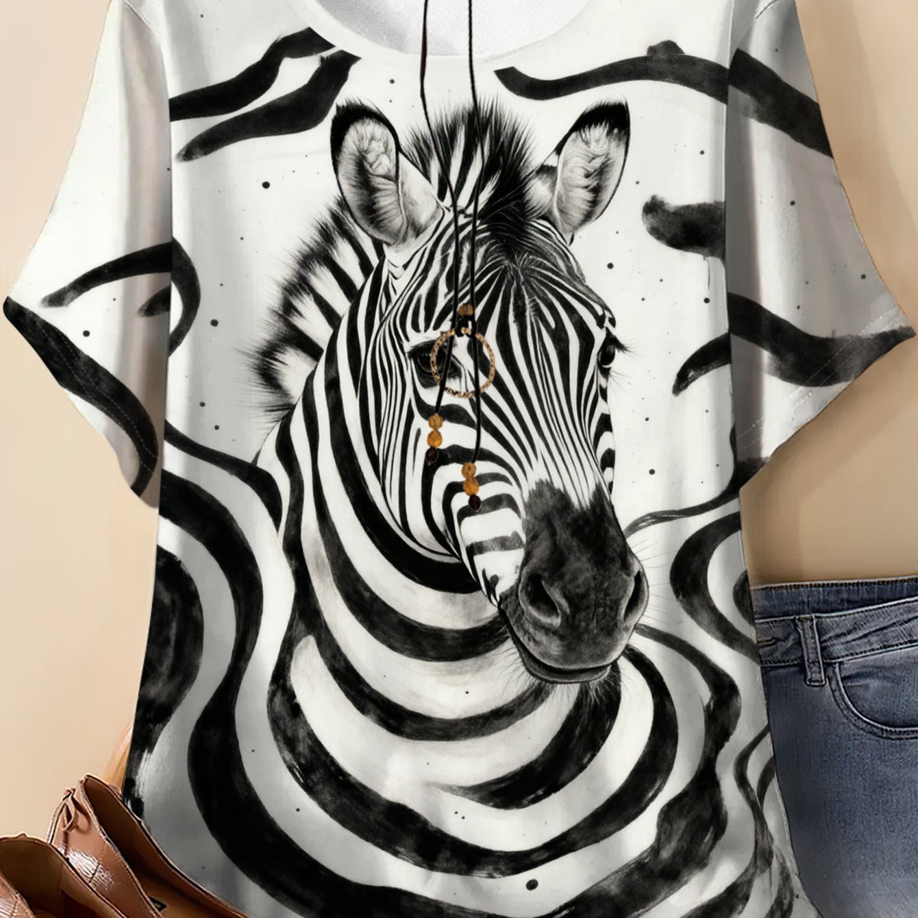 TEMU Plus Size, Zebra Print T-shirt - Soft Crew Neck Short Sleeve Top With Ink-wash Zebra Portrait & Striped Splatter Design | Suitable For Casual