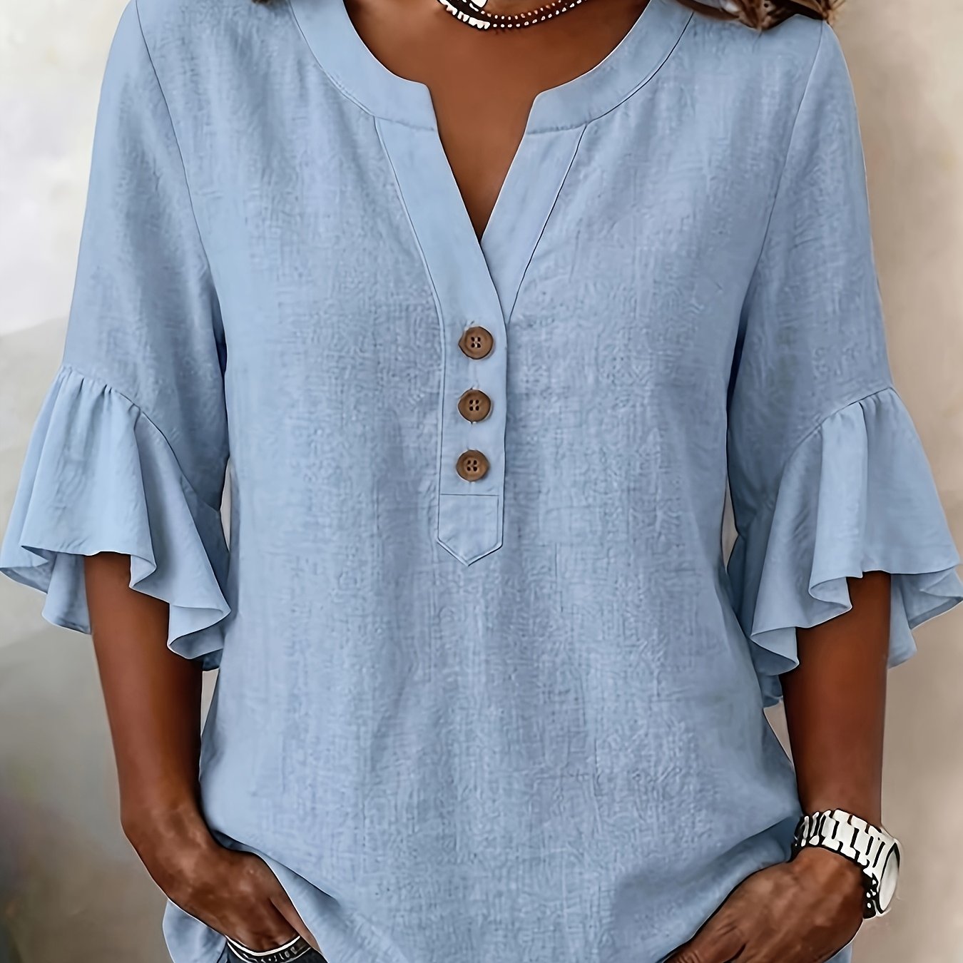 TEMU Solid Color Short-sleeve Half-cardigan Shirt, Versatile Women's Tunic Top