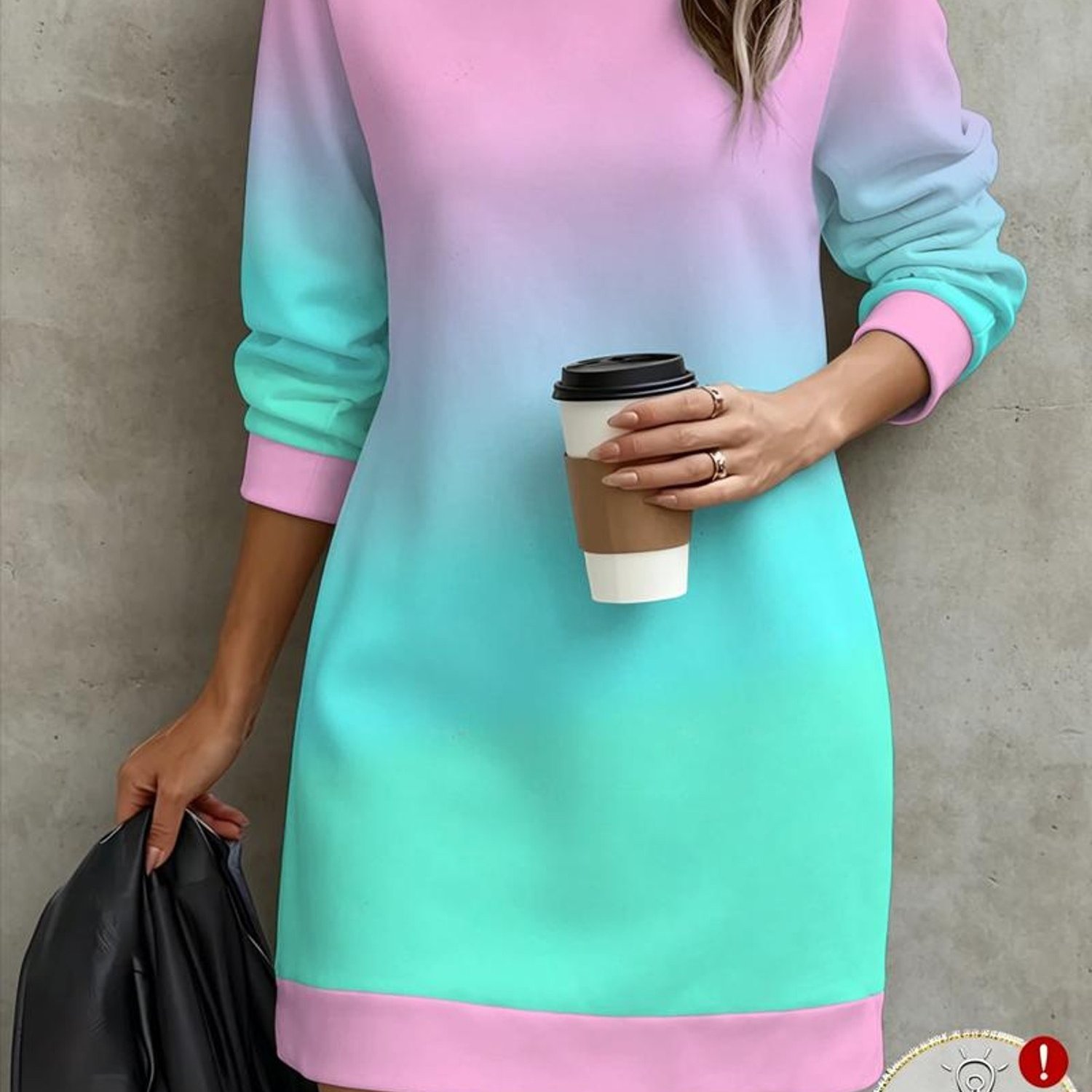 TEMU Fresh Style Women's Round Neck Fitted Long Sweatshirt Pink Gradient Solid Color Easy Printed Loose Body-covering Long Sleeve Sweatshirt