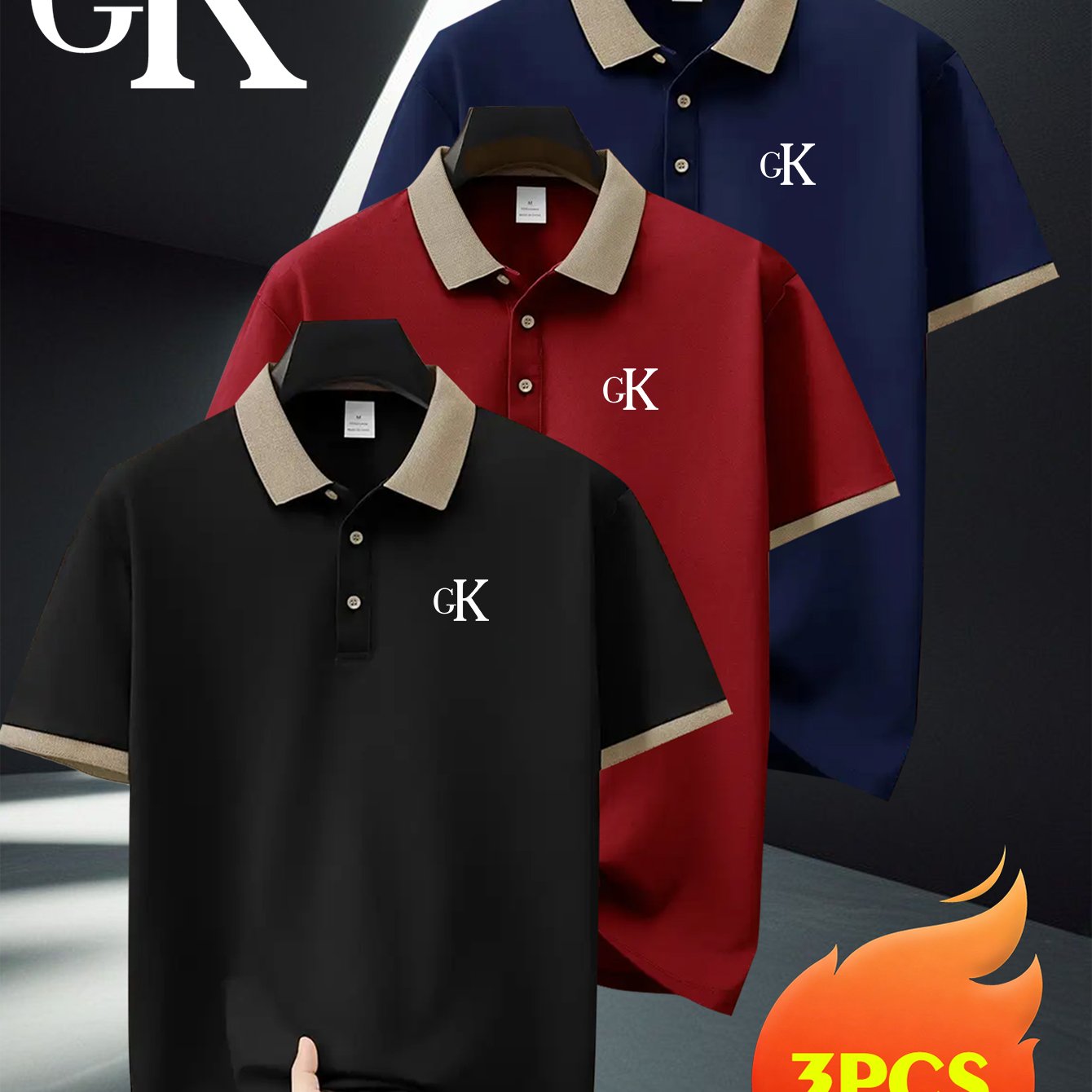 TEMU 3pcs Set Fashion Casual Shirt, Gk Letter Print Design, Outdoor Golf Collar Shirt, Breathable Polyester Fabric, | Machine Washable |