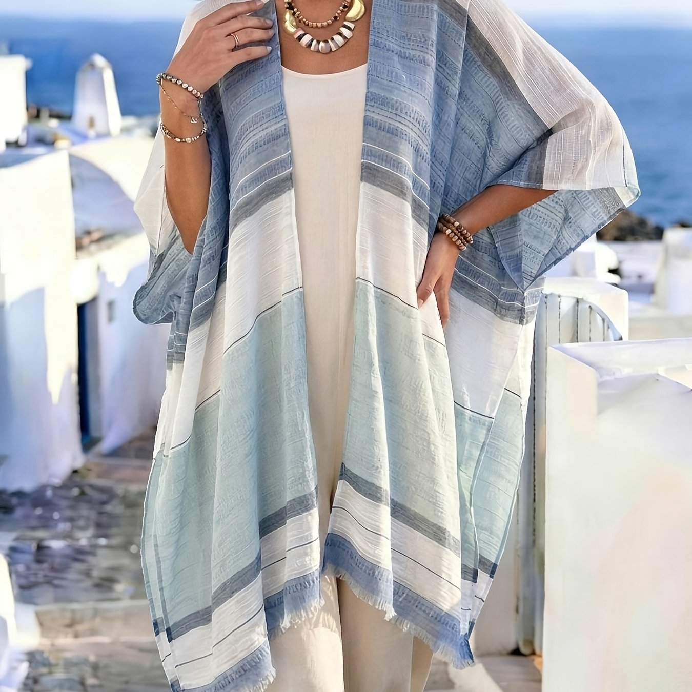 Plus Size - Women's Bohemian Blue White Gradient Striped Open Front Long Cardigan