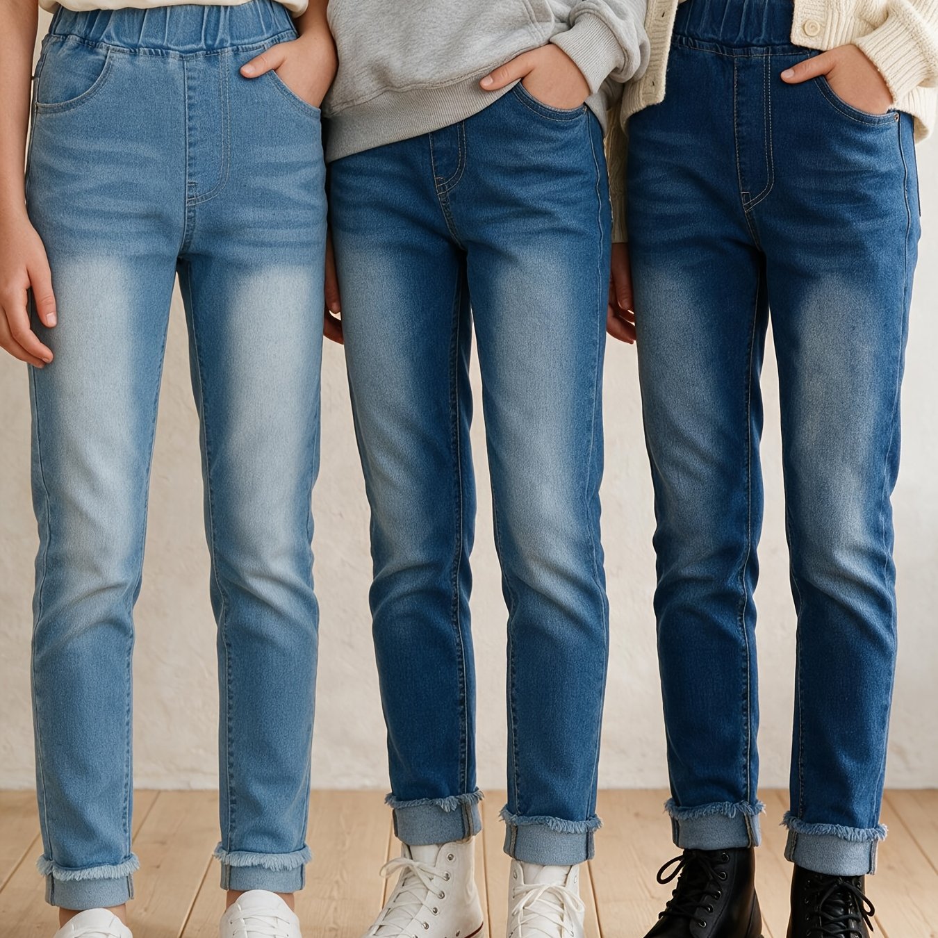 Image of 3pcs Teen 's Stretch Skinny Jeans - Washed Slim-fit Pants With Elastic Waist, Beltless For Wear Suitable For (casual Outfits)