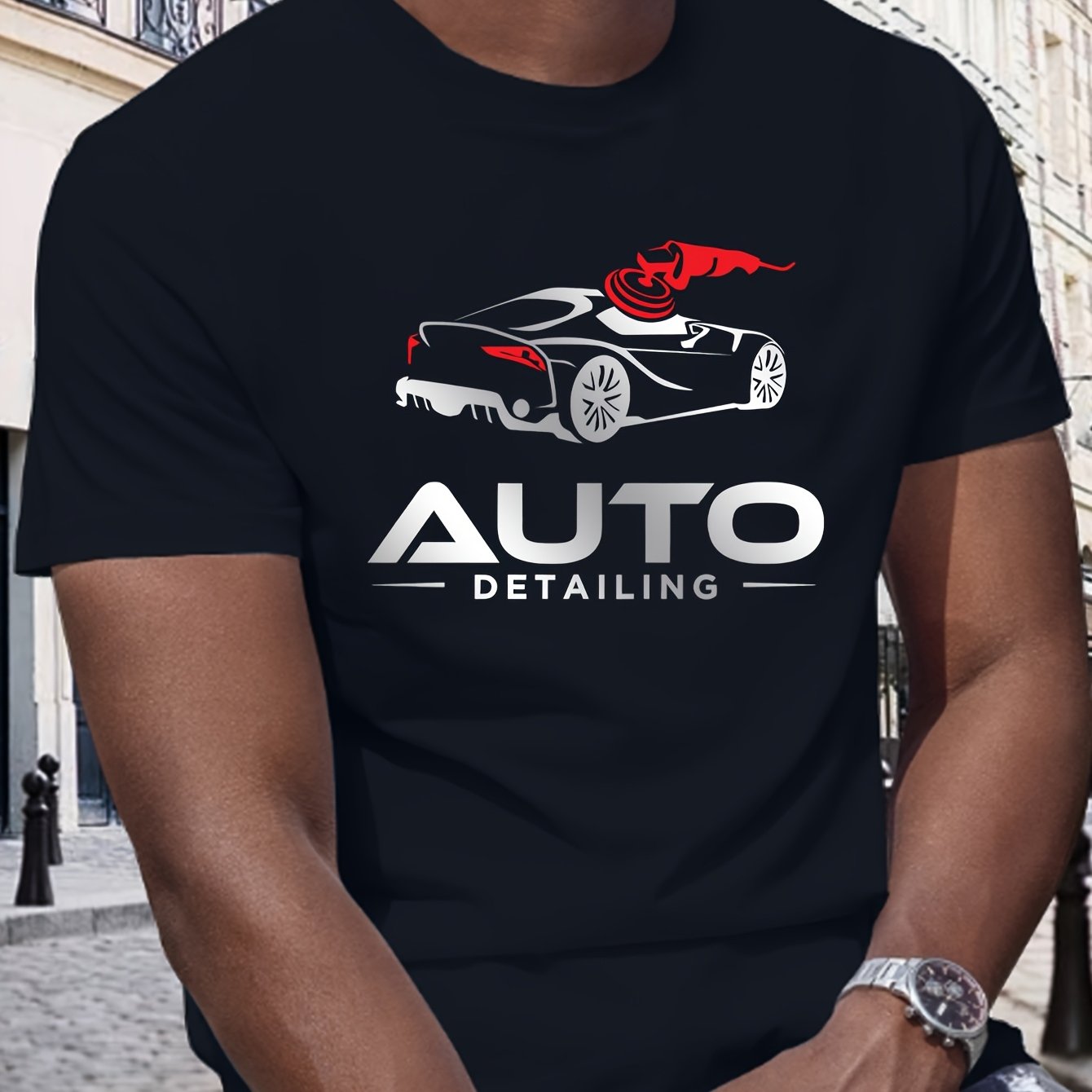 TEMU Men's Auto Graphic T-shirt - Racing With Auto Detailing Text - Black Tee For Car Enthusiasts - Lightweight Summer Shirt - Ideal Auto Detailing