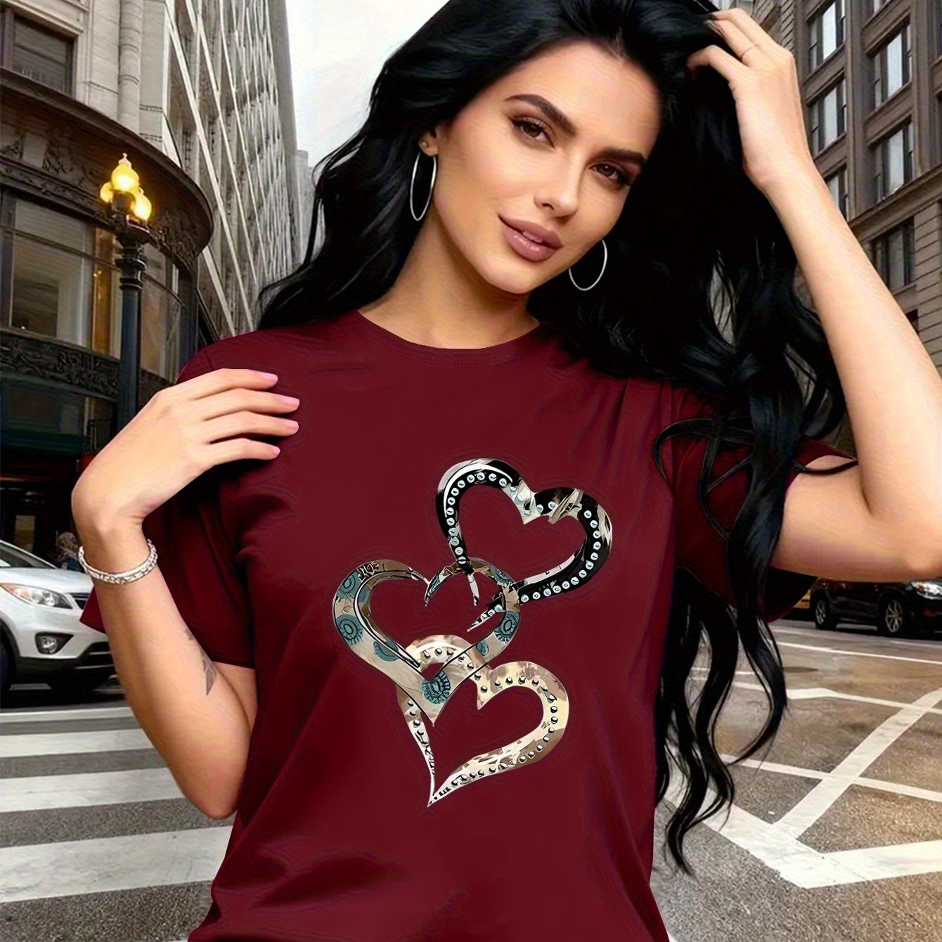 E-shop Emotion Liebe" Repräsentant, Metallic Kunst Herz Druck Trendige Mode, Einfaches Rundhals Casual Vielseitiges Kurzarm Damen T-Shirt für Freizeit,