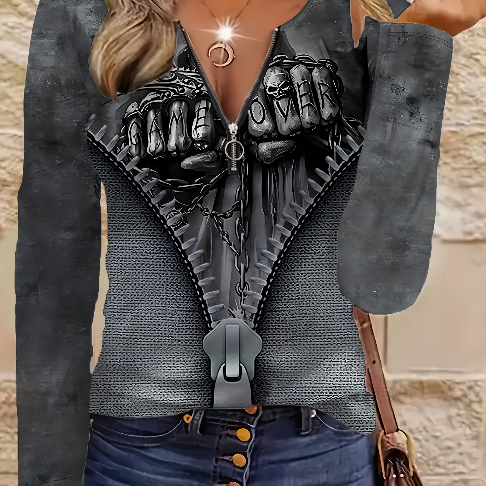 Elegant, Casual, And Women's Round-neck Long-sleeve Top With A Zipper And Skull-element Printed Pattern, True To Size