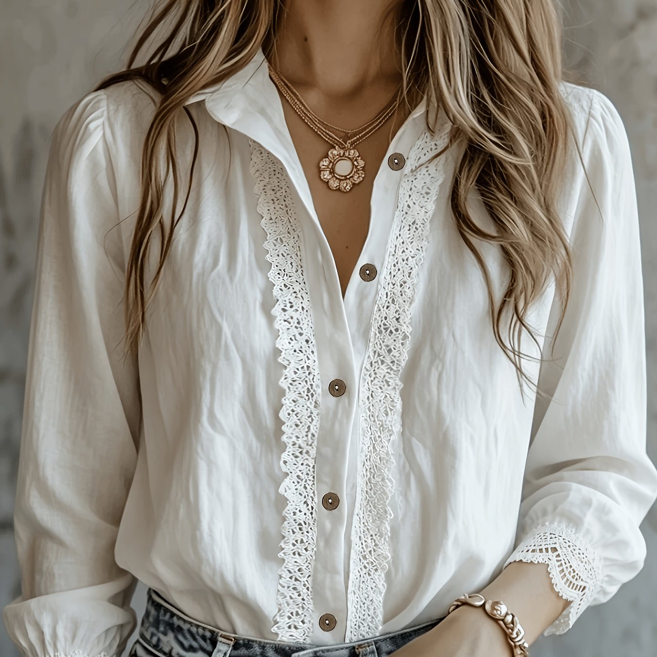 TEMU Blouse dentelle blanche à empiècements style bohème pour femme, veste-chemise à manches longues, coupe ajustée, à un bouton et à