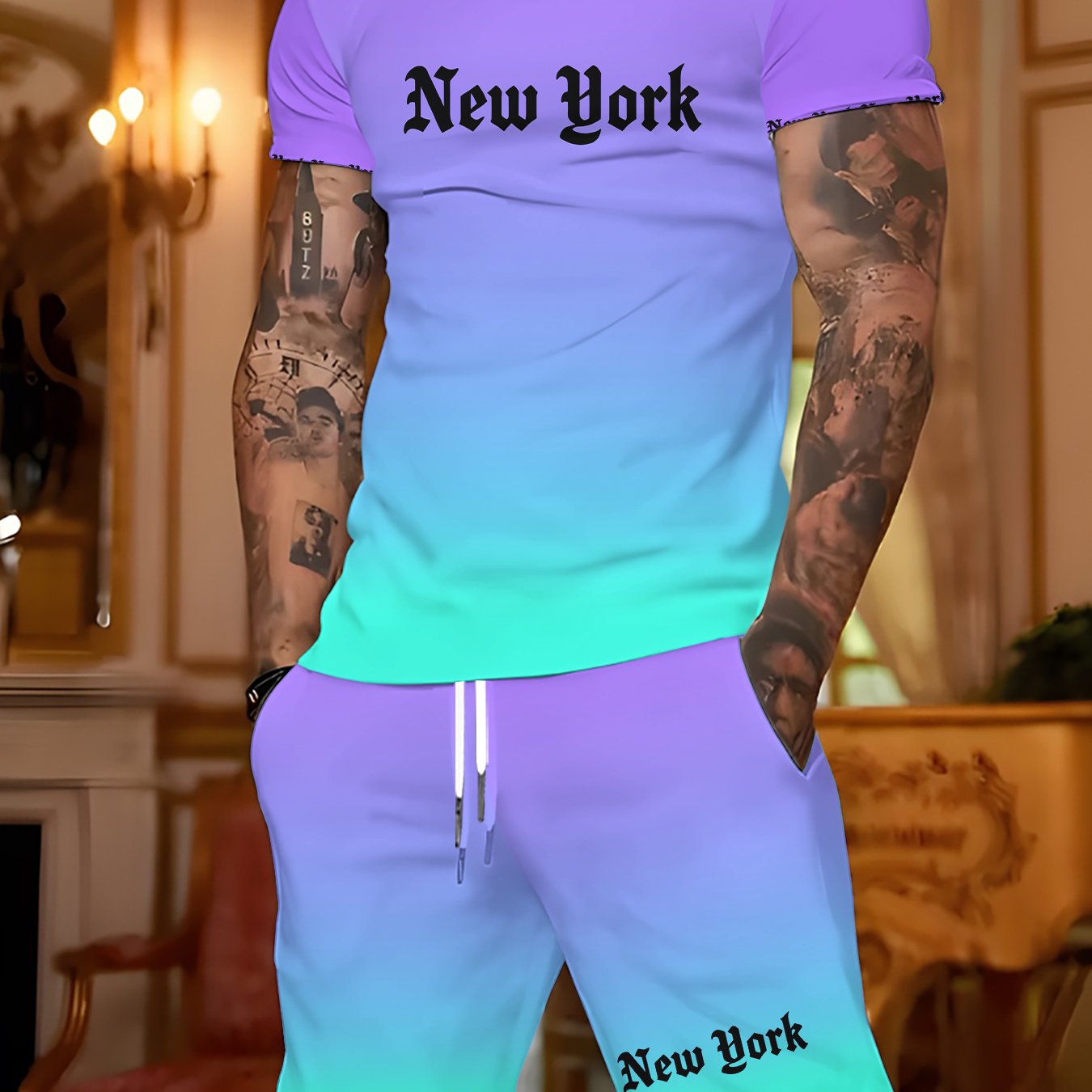 TEMU Ensemble pièces tendance été pour homme : T-shirt à manches courtes et short avec imprimé de lettres gothiques , dégradé
