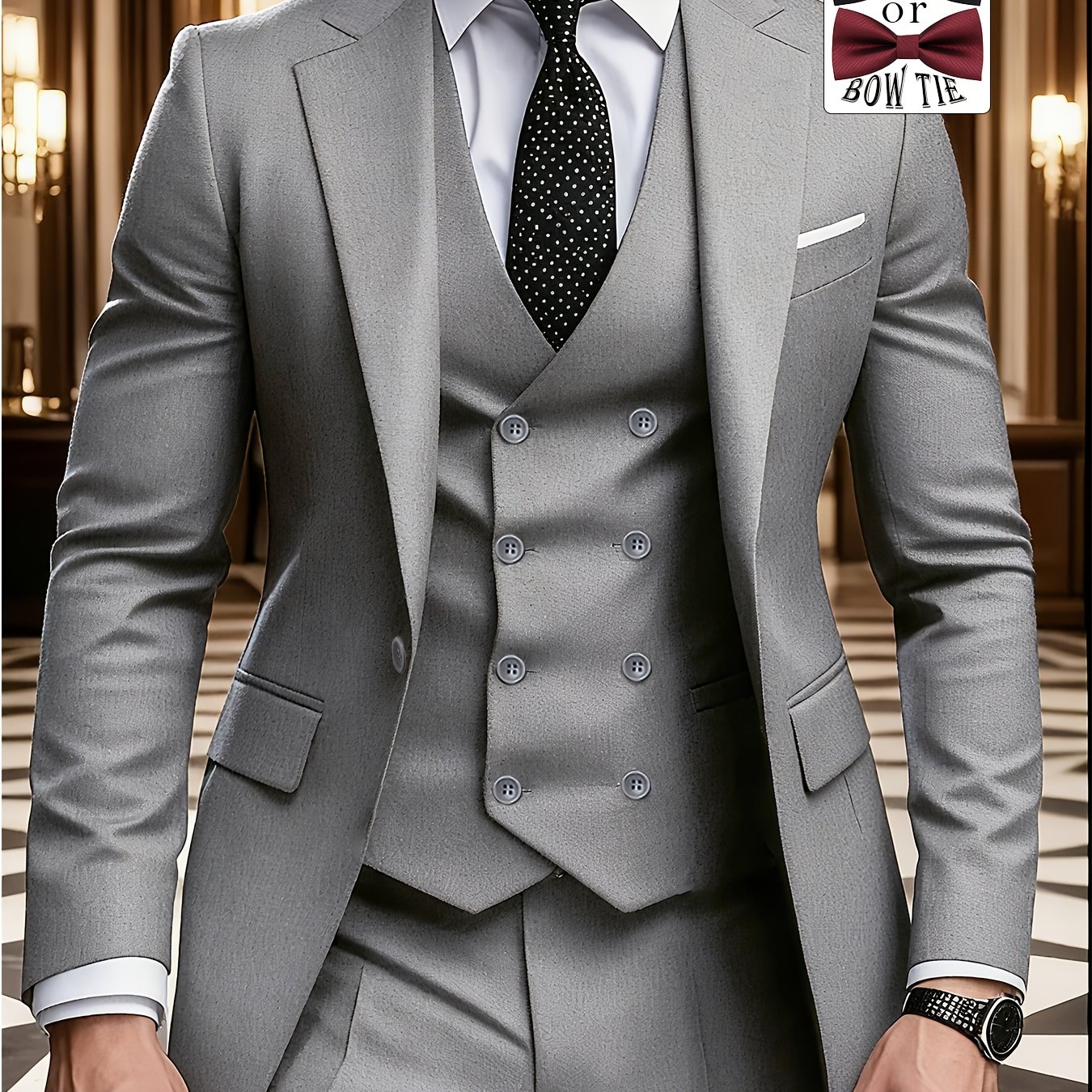 TEMU Men' 3pcs Suit Set, Includes A Bow Tie, Consisting Of A Suit Jacket, Trousers, And Vest. Suitable For Formal Wear, Weddings, Work Attire, And