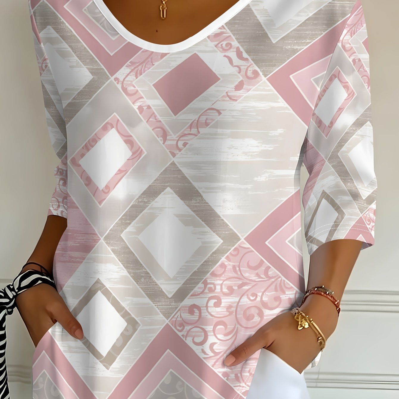 TEMU Women's V-neck Three-quarter Sleeve Top With Pink-gray Diamond Vintage Floral Print, , Casual Fit, Versatile Top For Spring And Autumn