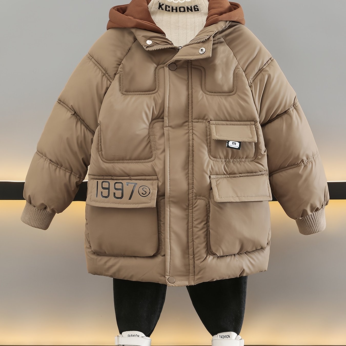 Image of Boys' Autumn/winter Thickened -lined Hooded Jacket, Children's Wash-free Outerwear With Letter Print Snowsuit