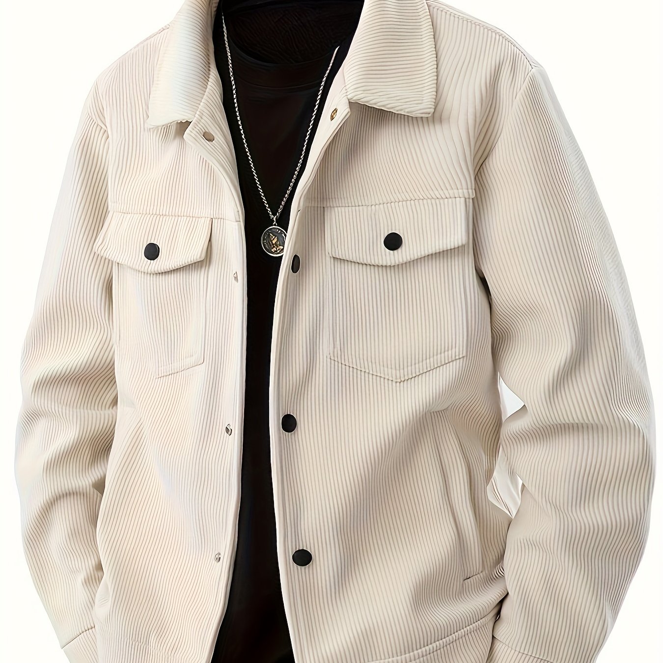 Men's Corduroy Cargo Jacket, Polyester Machine Washable, Ideal For Spring And Autumn Outdoor Activities, Casual Outerwear, Classic Collar Jacket