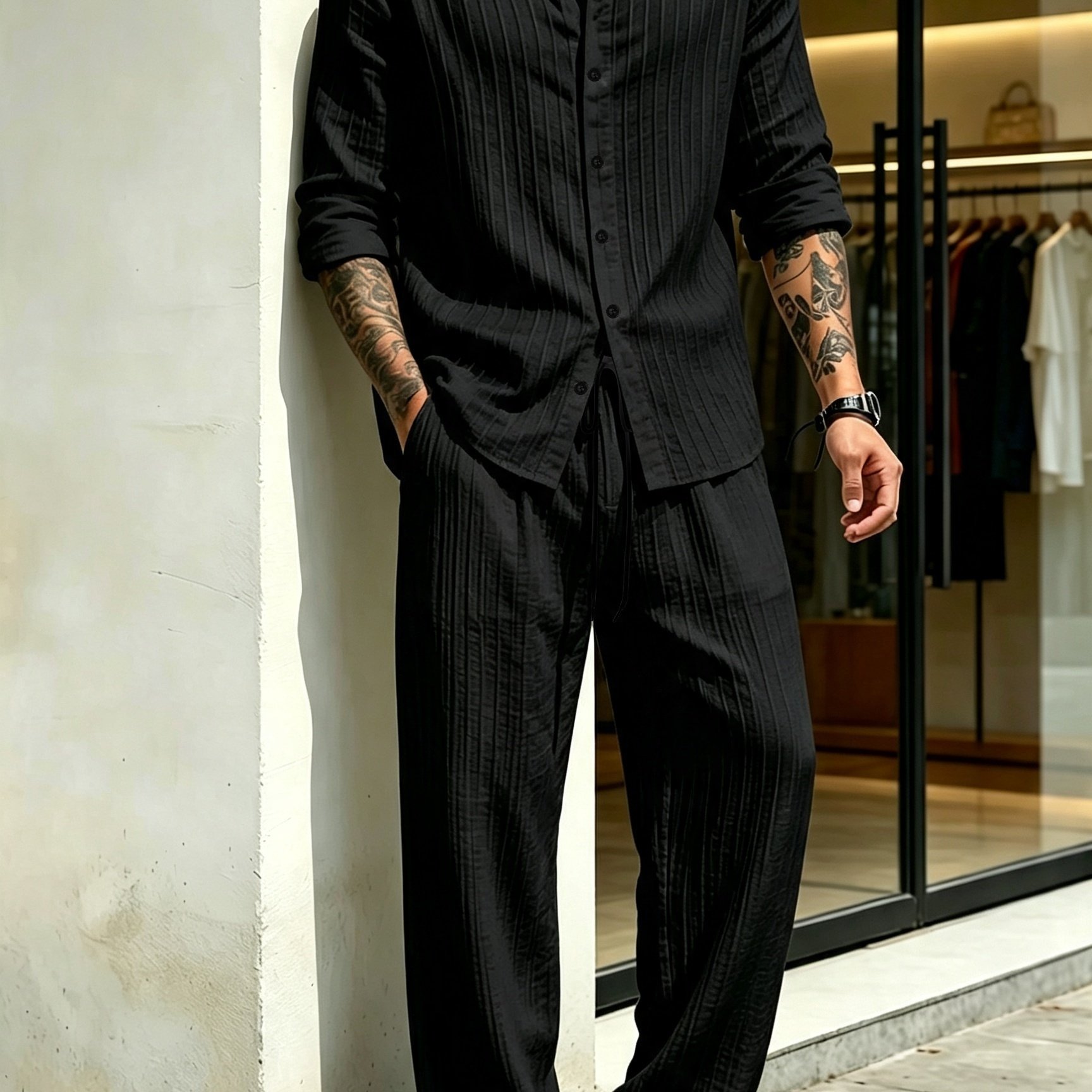 TEMU Men's Casual 2pcs Set: Solid Color Stand Collar Long Sleeve Shirt And Wide-leg Pants. Features Smooth, Wrinkle-resistant Textured Fabric, Collar