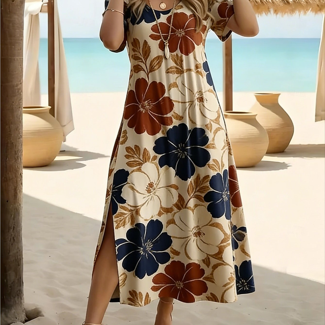 Image of Plus Size - Plus Size - Oversized Women's Maxi Dress For Vacation, Featuring A Solid Color A-. This Casual Tee Dress Is Perfect For The Beach With A Regular Fit, Short Sleeves, And Neck