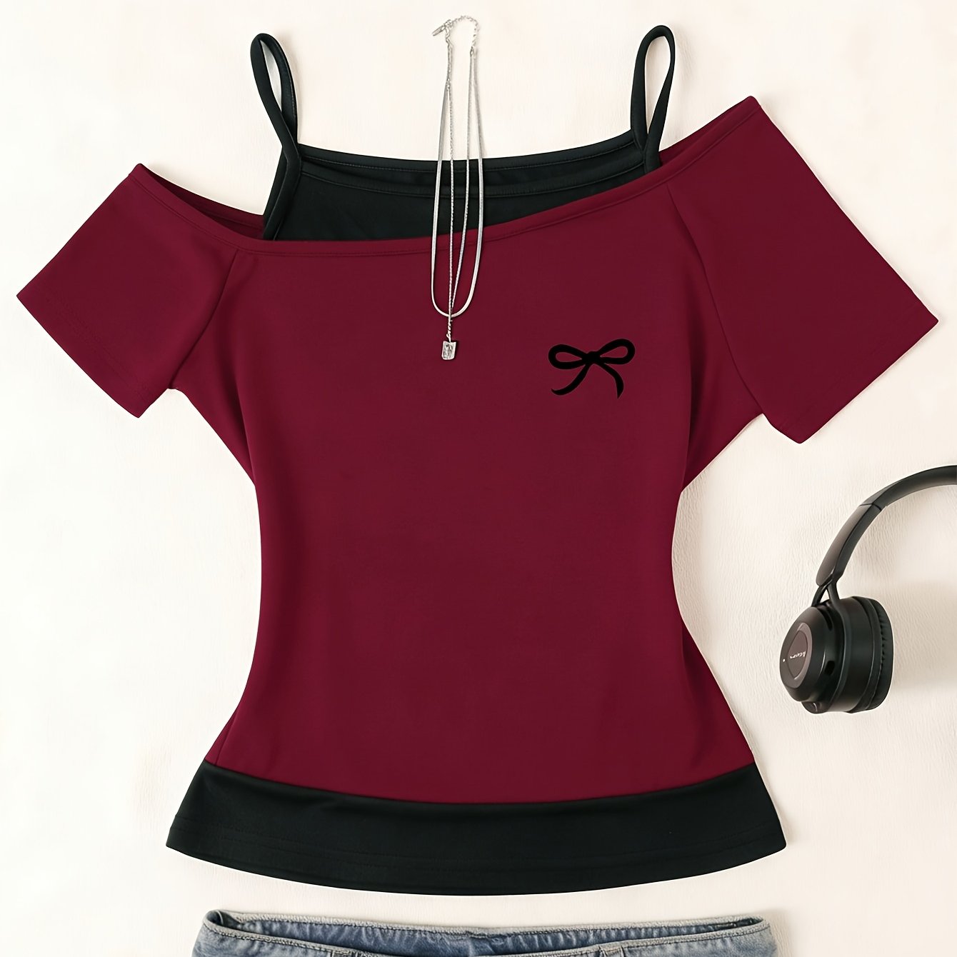 TEMU D372 - A Fashionable Fake Two-piece Top, Spring And Summer Slim Fit Versatile Off-shoulder Hot Short-sleeved T-shirt, Fashionable Trendy Bow