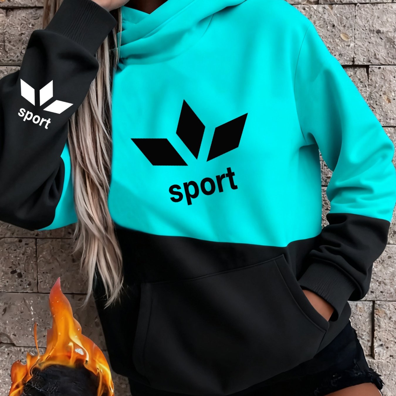 TEMU 1pc Women's Fashionable Casual Printed 1pc Color-block Creative Print Y2k Style Autumn/winter Women's Fashionable Casual Sporty -lined Hooded
