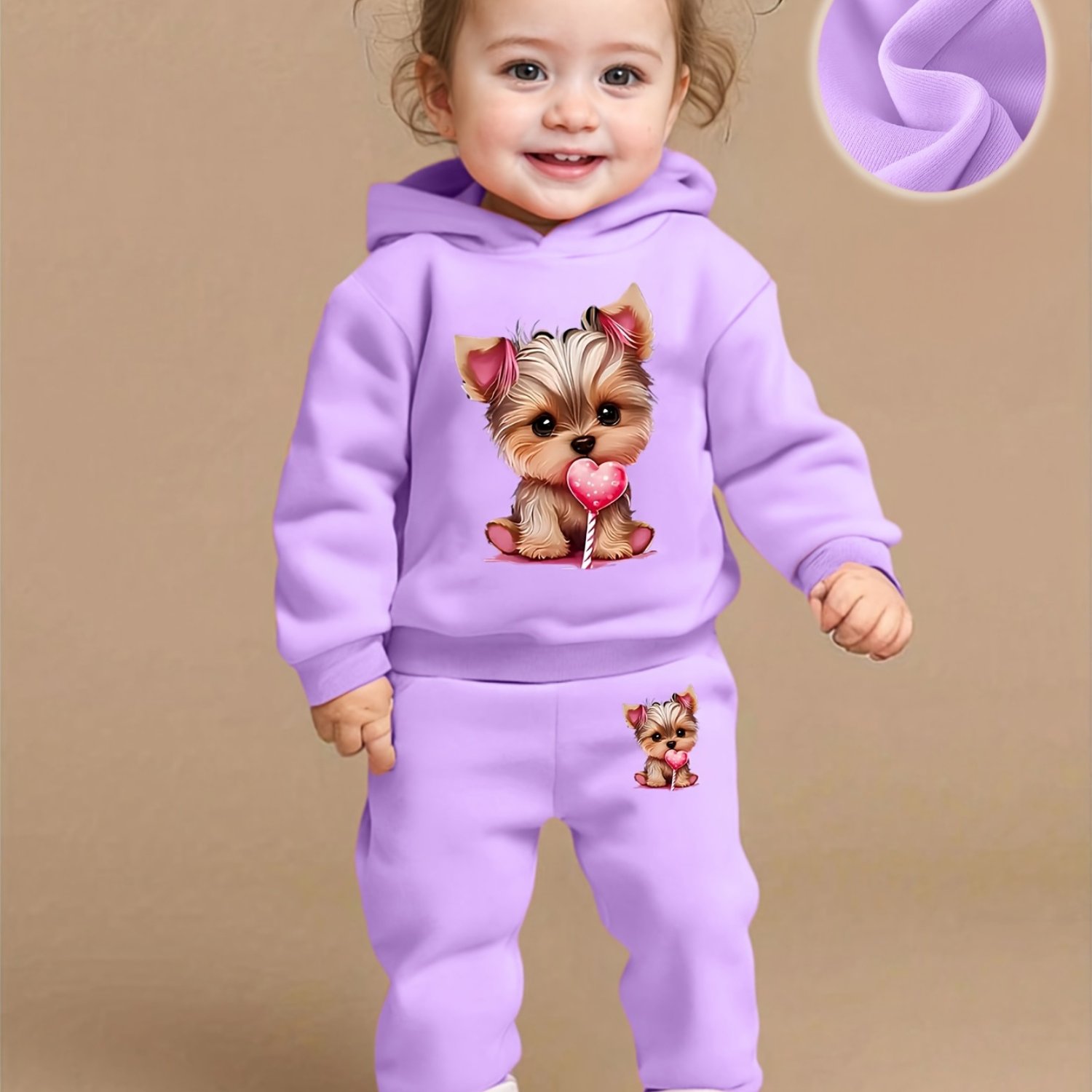Image of Newborn Baby Cute Cartoon Puppy Print Long Sleeve Fleece Sweatshirt And Casual Elastic Waist Warm Trousers Set, Fall Winter Indoor Outdoor Wear, For Outdoor