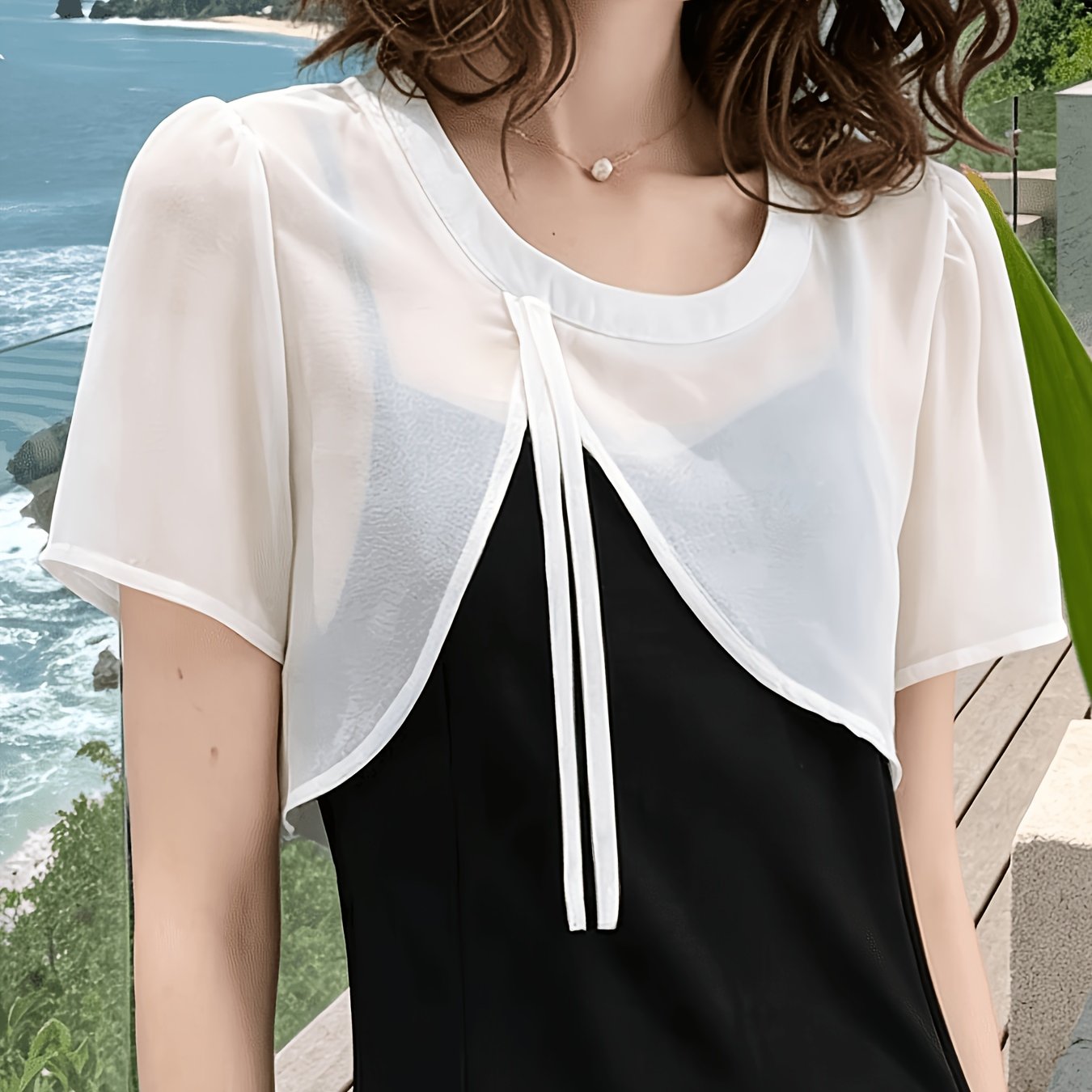 TEMU Women's Spring Summer Elegant Tie-string Irregular Hem Short Chiffon Pullover Blouse Cover-up Sunscreen Top